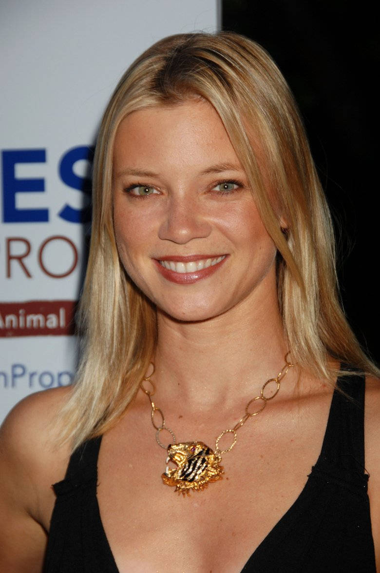 Amy Smart, black dress, gold tiger-head necklace, SD Phone Wallpaper