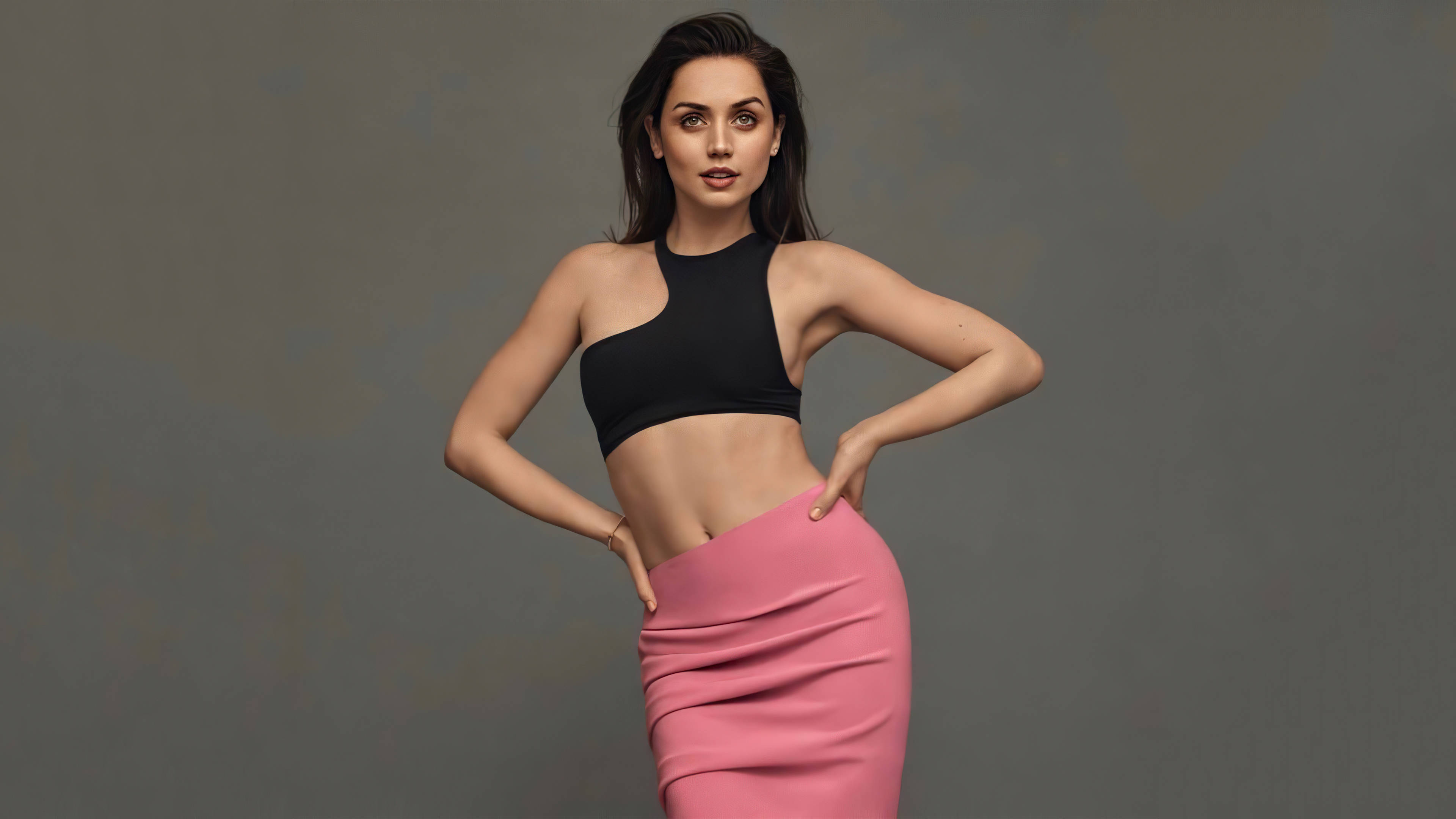 Ana De Armas, black crop top, pink high-waisted skirt, 4K Desktop Wallpaper