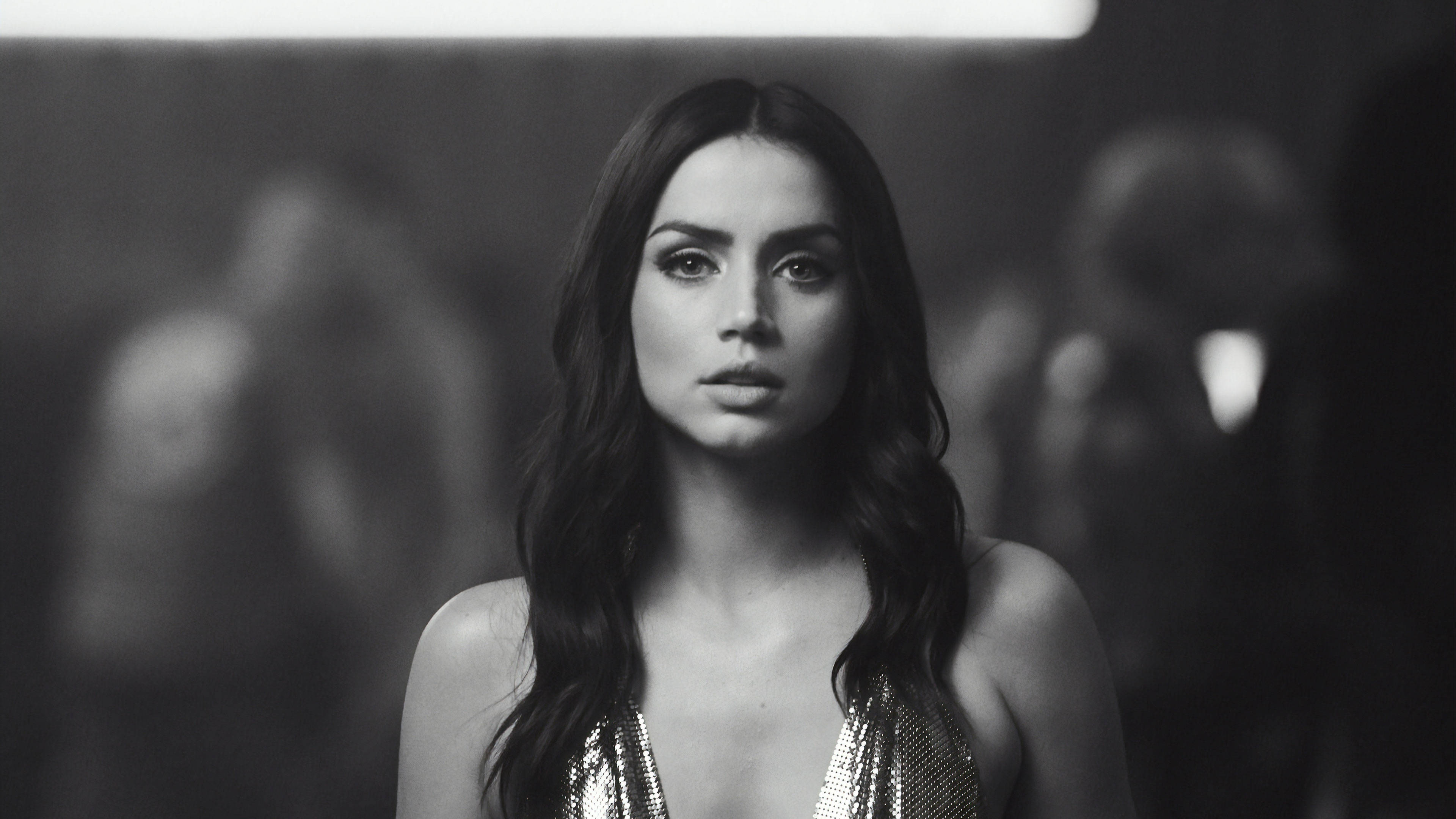 Ana De Armas, black and white, long dark hair, 4K Desktop Wallpaper