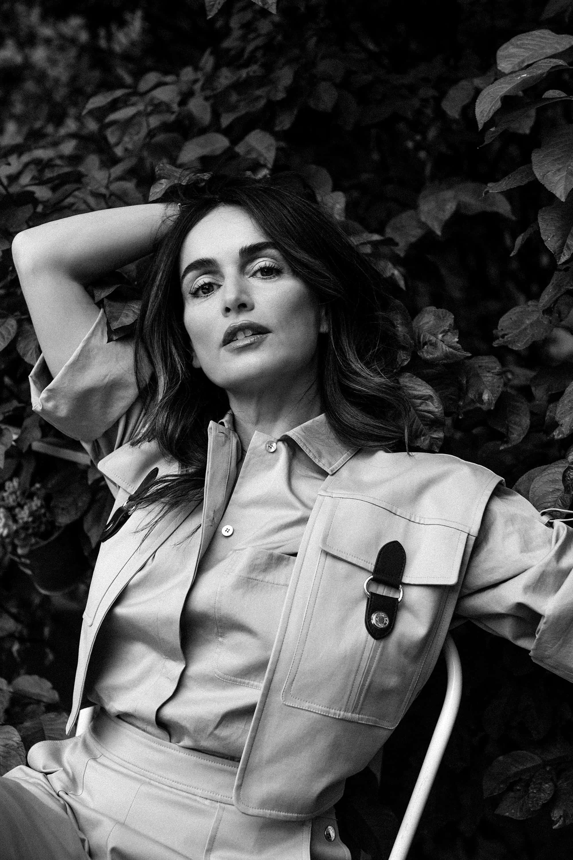 Ana De La Reguera, black and white portrait, light shirt, 2K Phone Wallpaper