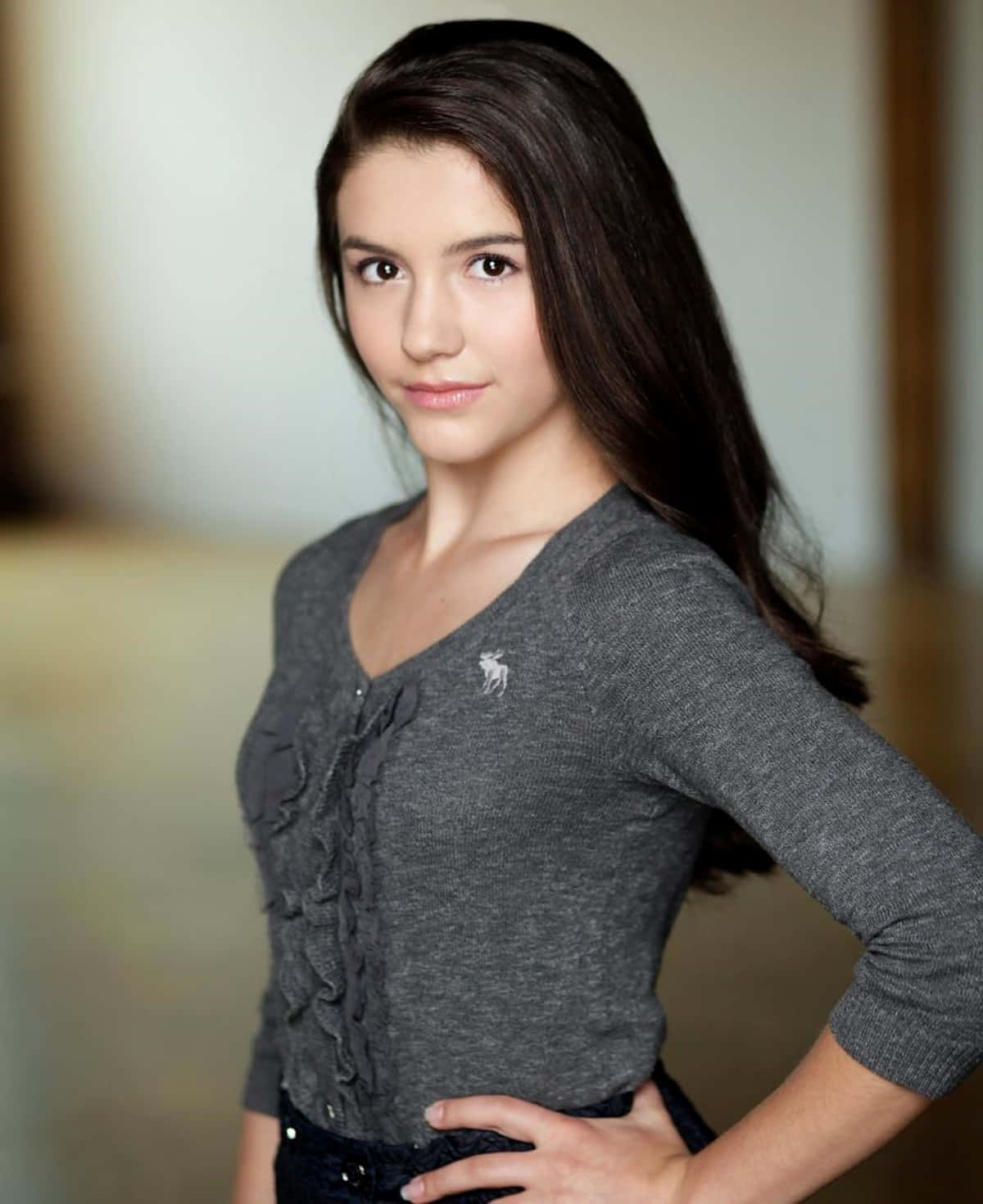 Ana Golja, gray ruffled sweater, long dark hair, HD Phone Wallpaper