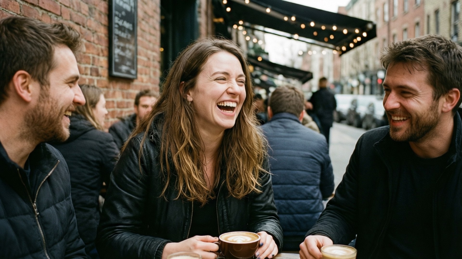 Ana Golja, cozy urban coffee shop, genuine laugh, Full HD Desktop Wallpaper