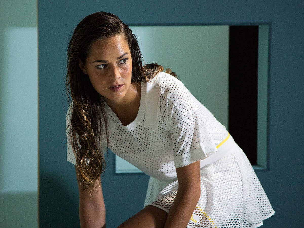 Ana Ivanovic, white perforated tennis dress, teal wall, SD Desktop Wallpaper
