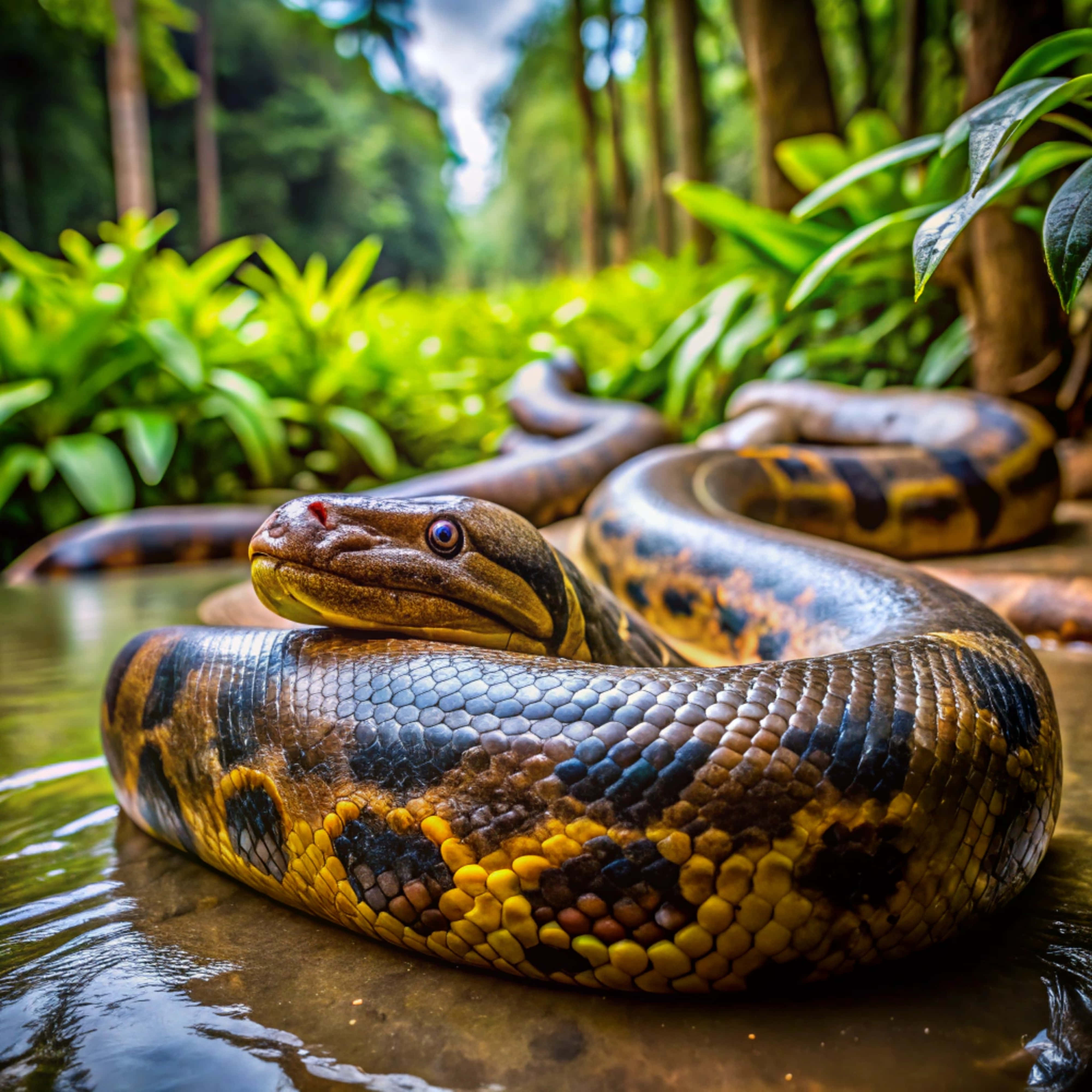 anaconda, yellow and black scales, shallow water, 4K Desktop Wallpaper