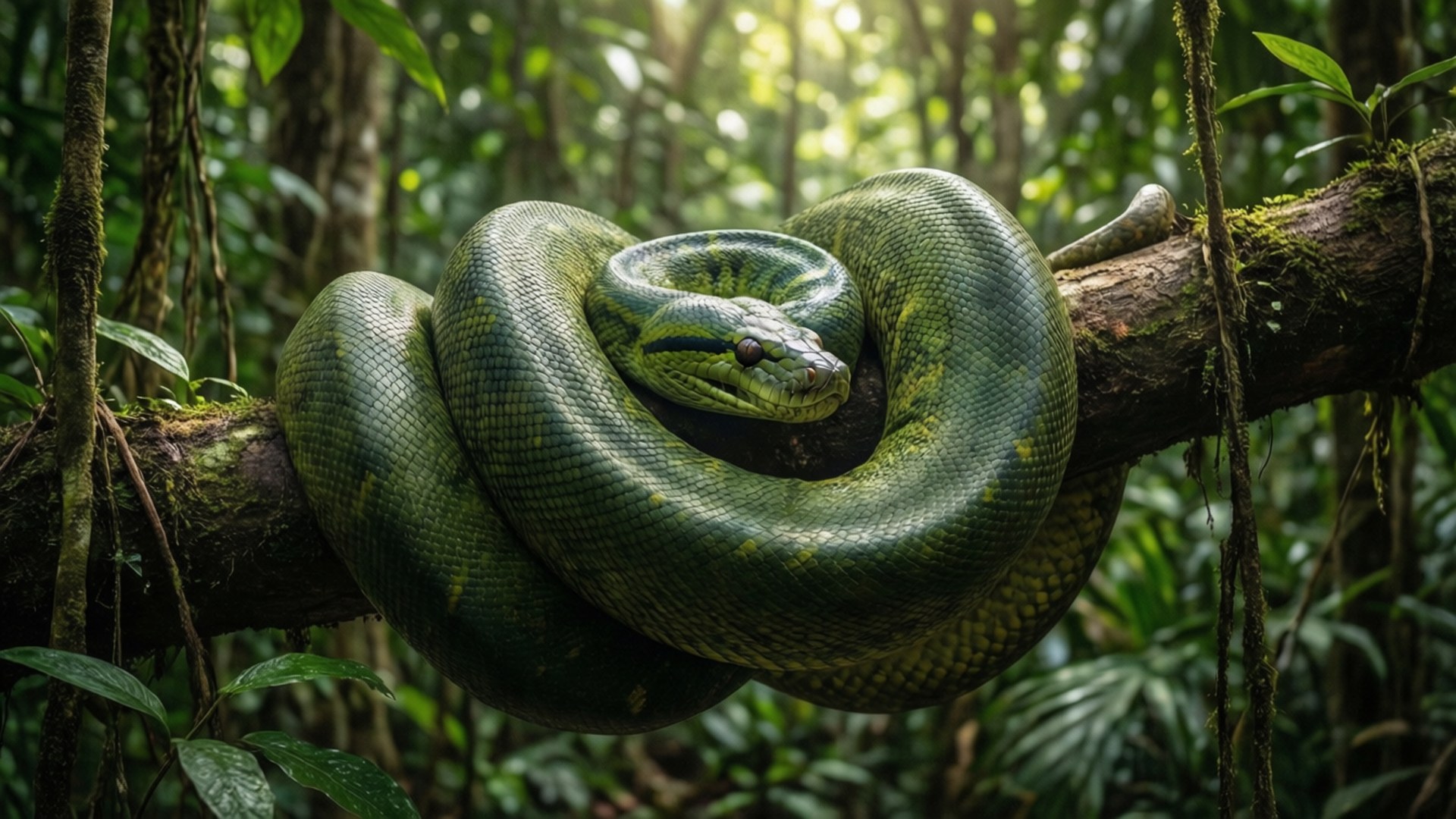 jungle coil, green anaconda, mossy jungle branch, Full HD Desktop Wallpaper