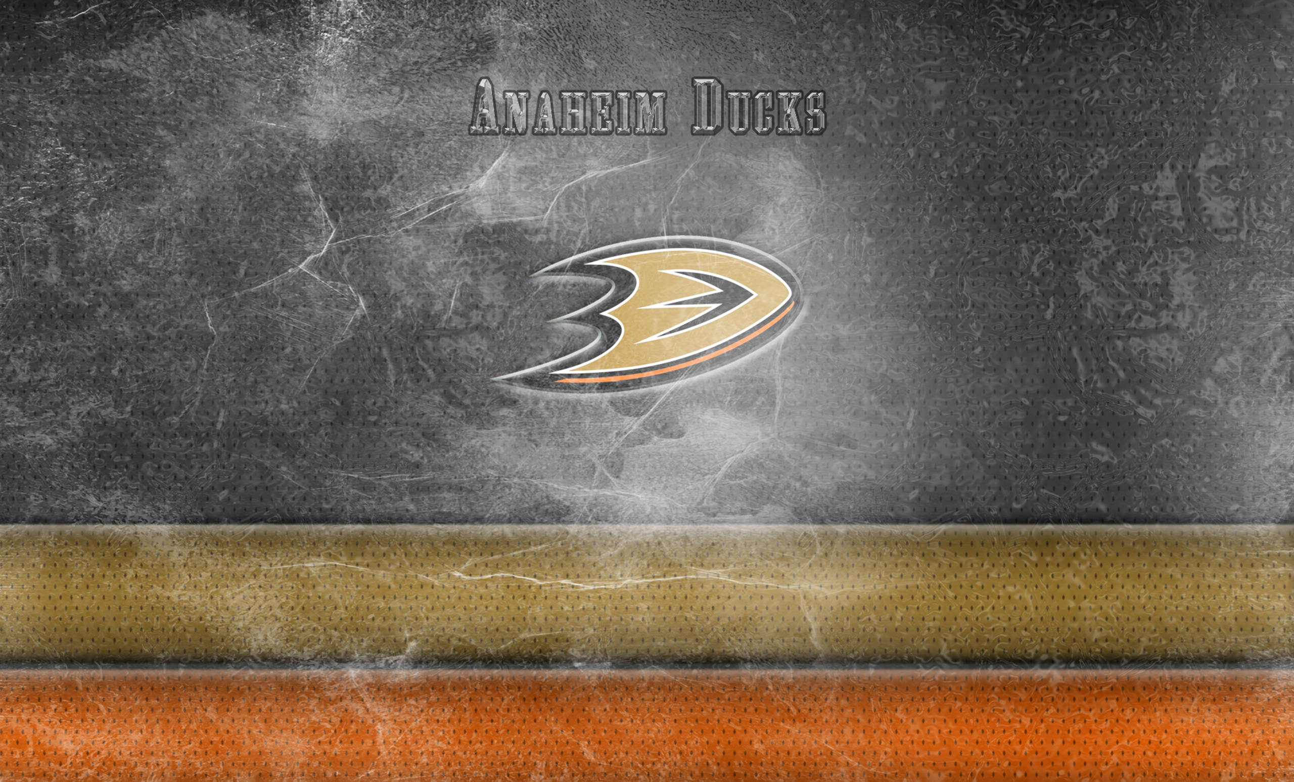 Anaheim Ducks, orange and gold hockey jersey stripes, textured gray wall, 2K Desktop Wallpaper