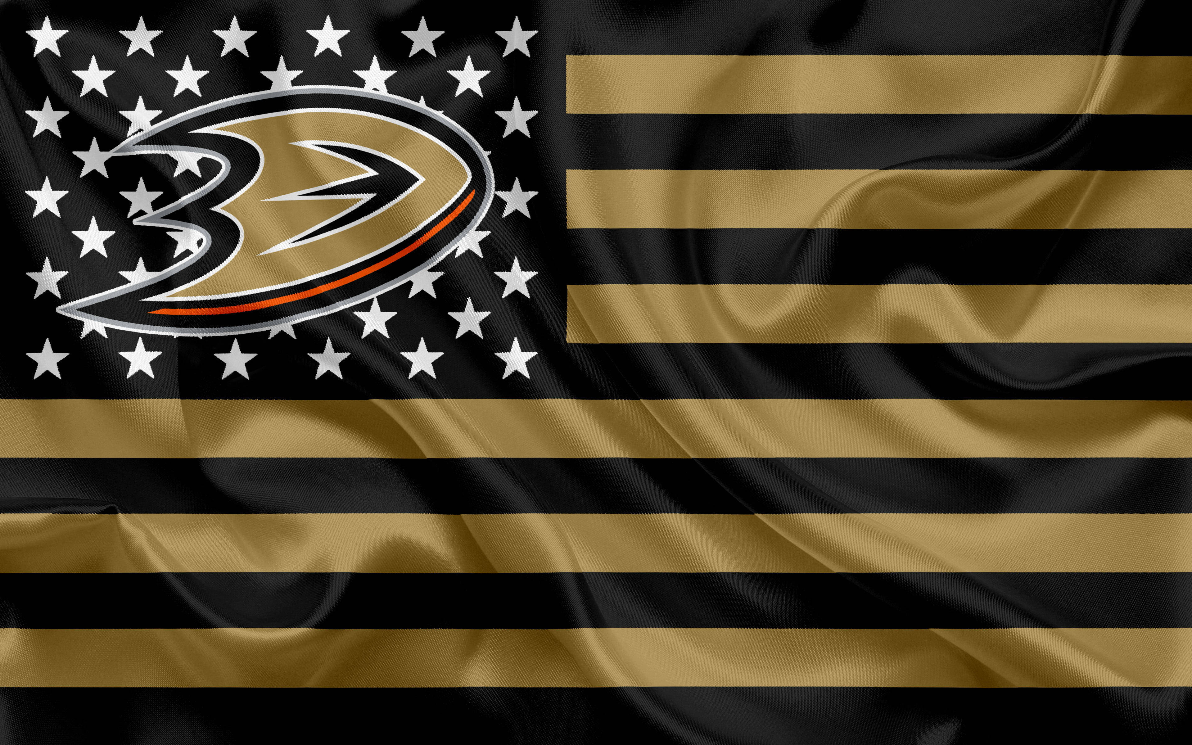 Anaheim Ducks, silk flag, black and gold stripes, 4K Desktop Wallpaper