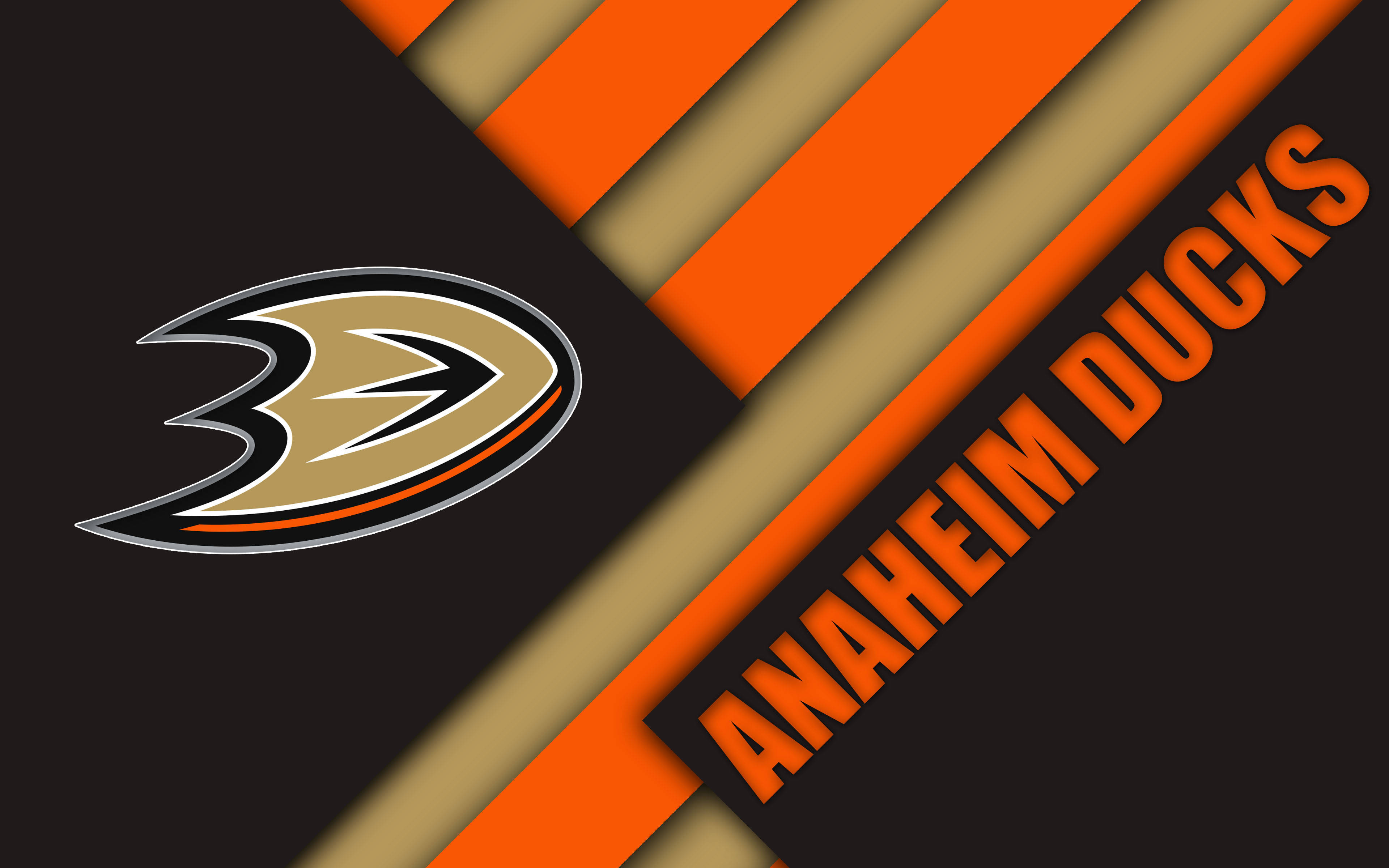 Anaheim Ducks, black background, bold orange and gold diagonal stripes, 4K Desktop Wallpaper