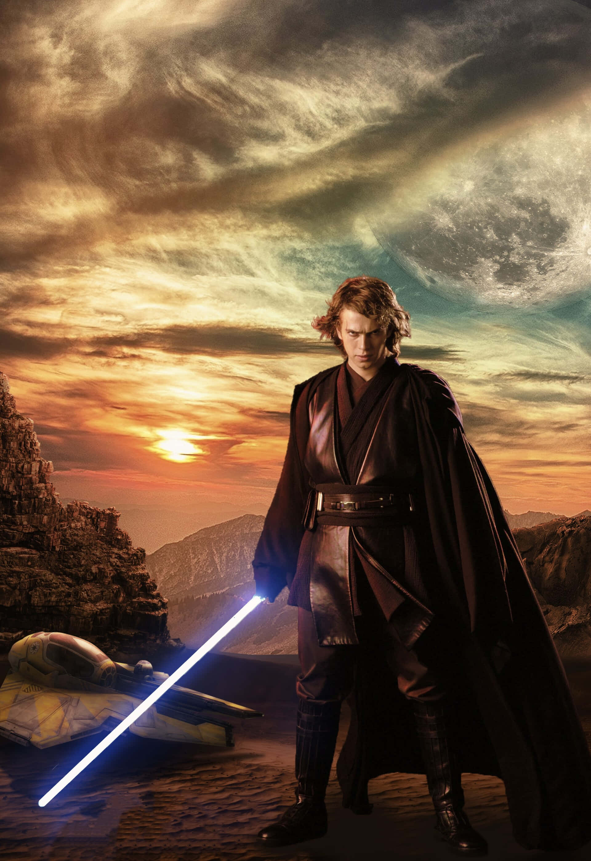 Anakin Skywalker, lightsaber, sunset, 2K Phone Wallpaper