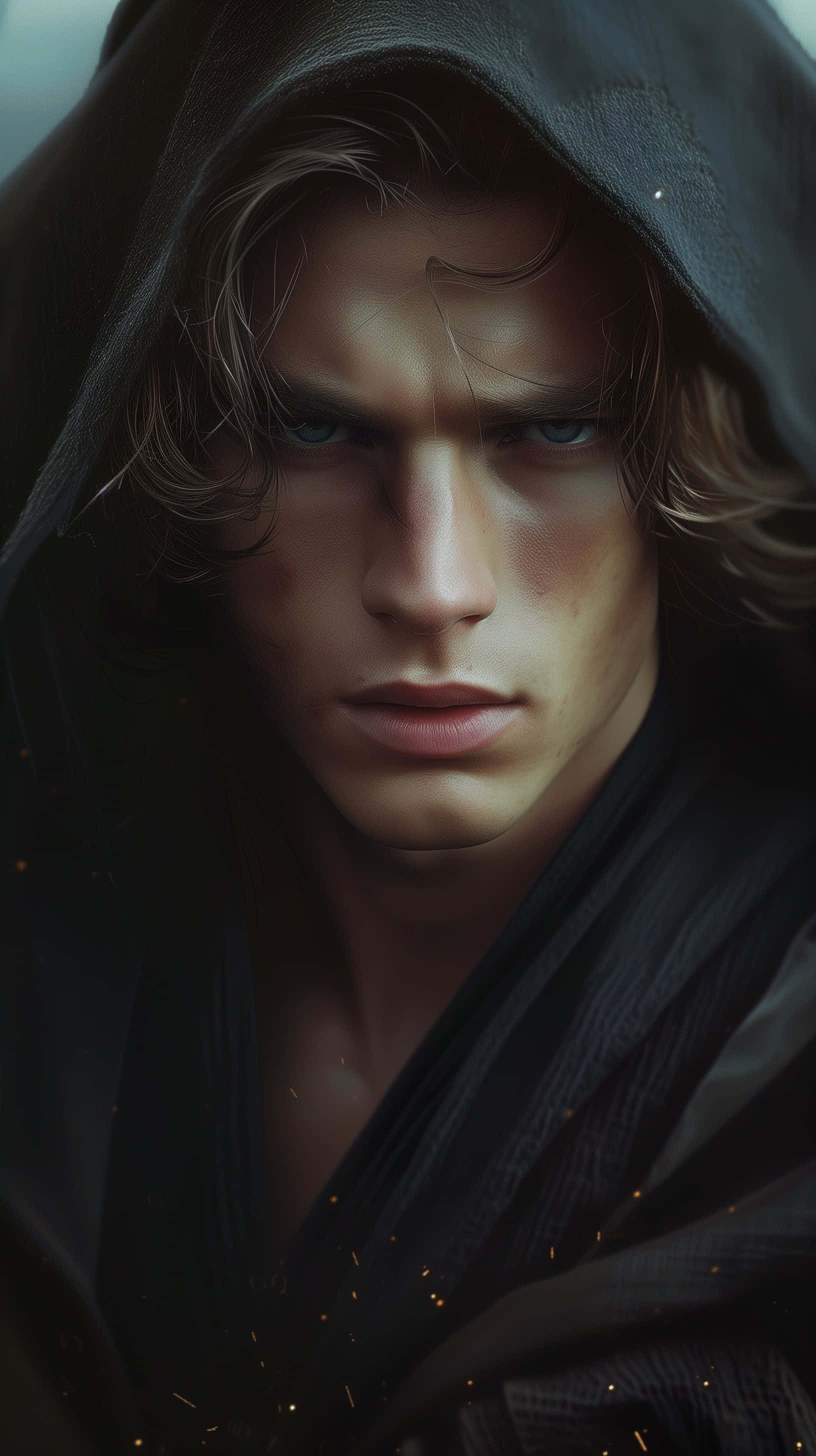 Anakin Skywalker, hooded robe, intense blue eyes, 2K Phone Wallpaper