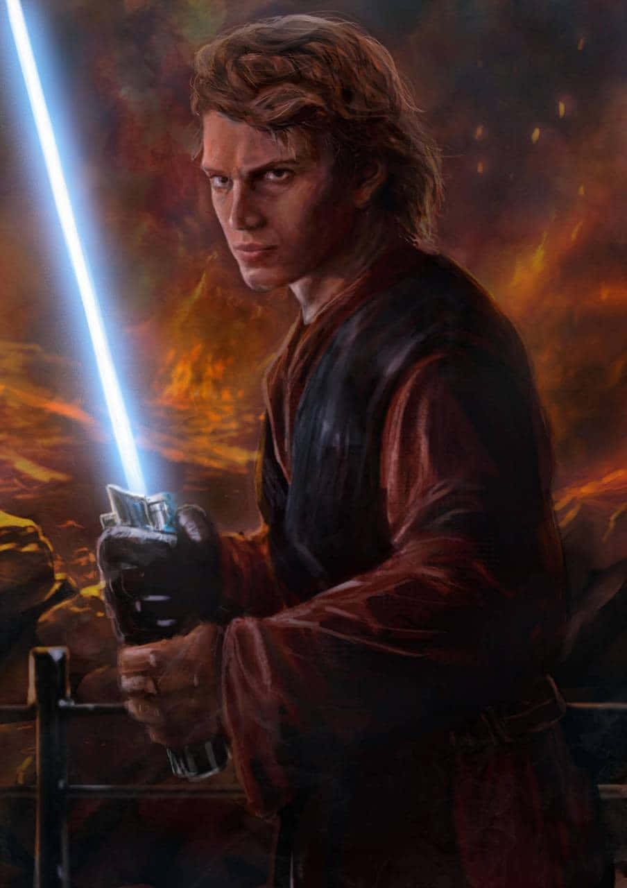 Anakin Skywalker, blue lightsaber, fiery orange and red battlefield backdrop, HD Phone Wallpaper