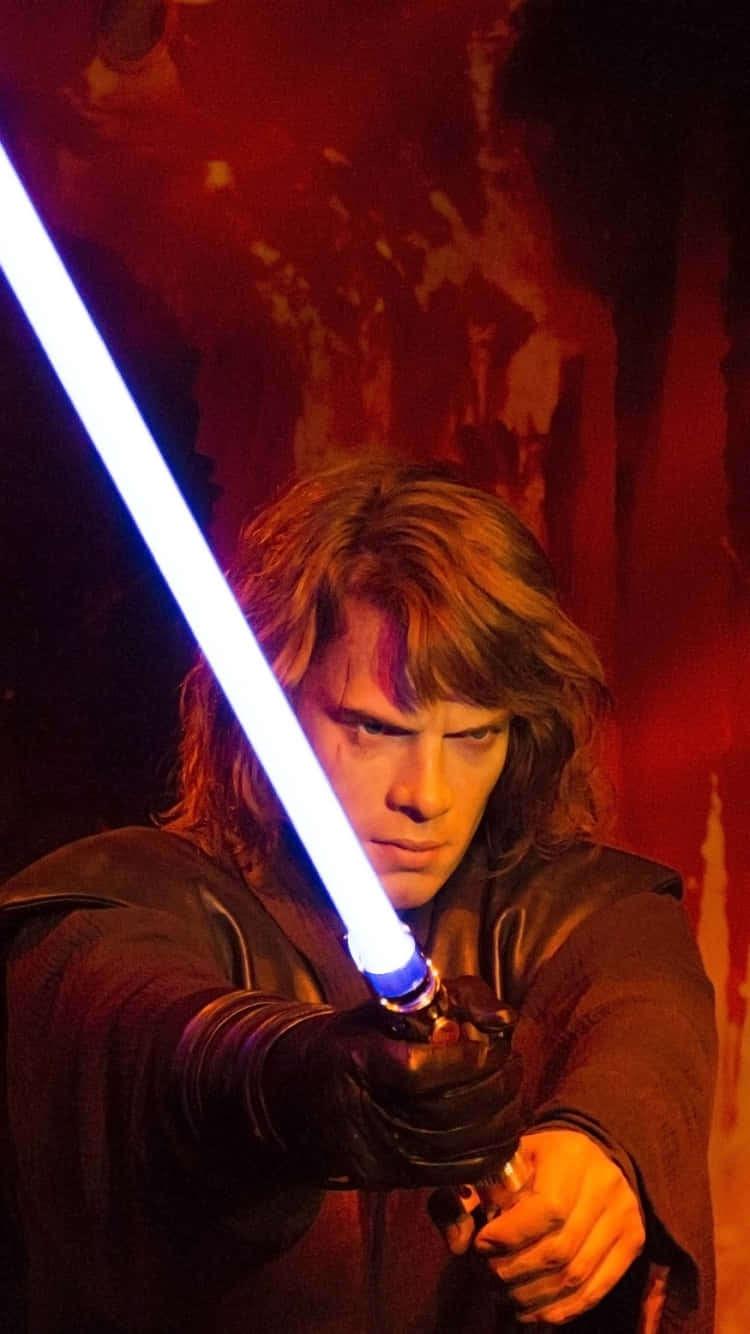 Anakin Skywalker, blue lightsaber, fiery red textured wall, HD Phone Wallpaper