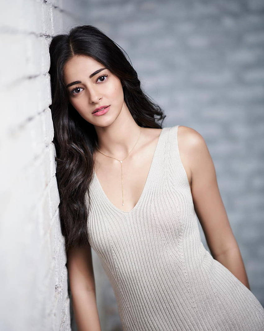 Ananya Pandey, white brick wall, ribbed beige dress, SD Phone Wallpaper