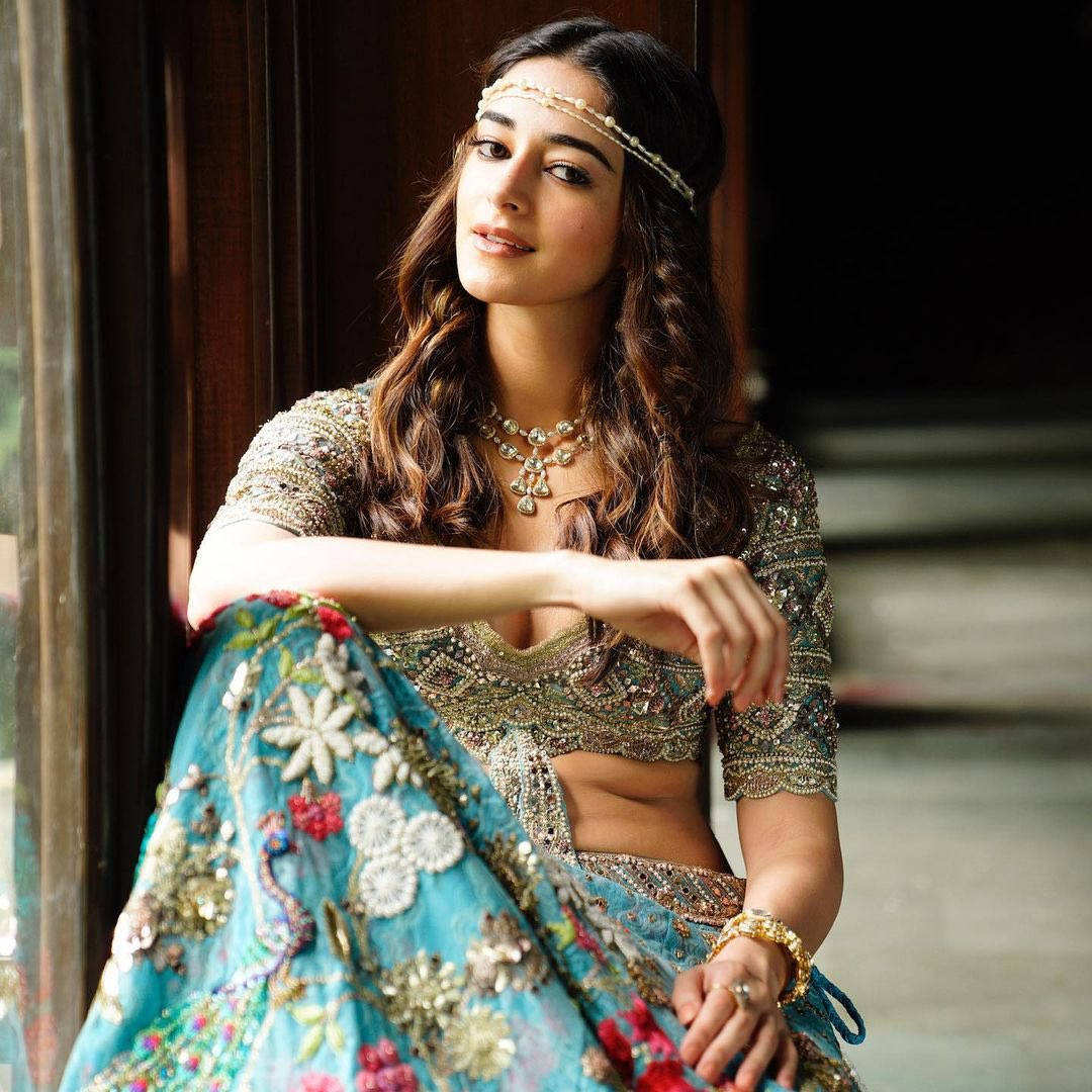 Ananya Pandey, blue and gold embroidered lehenga, wooden doorway, SD Desktop Wallpaper