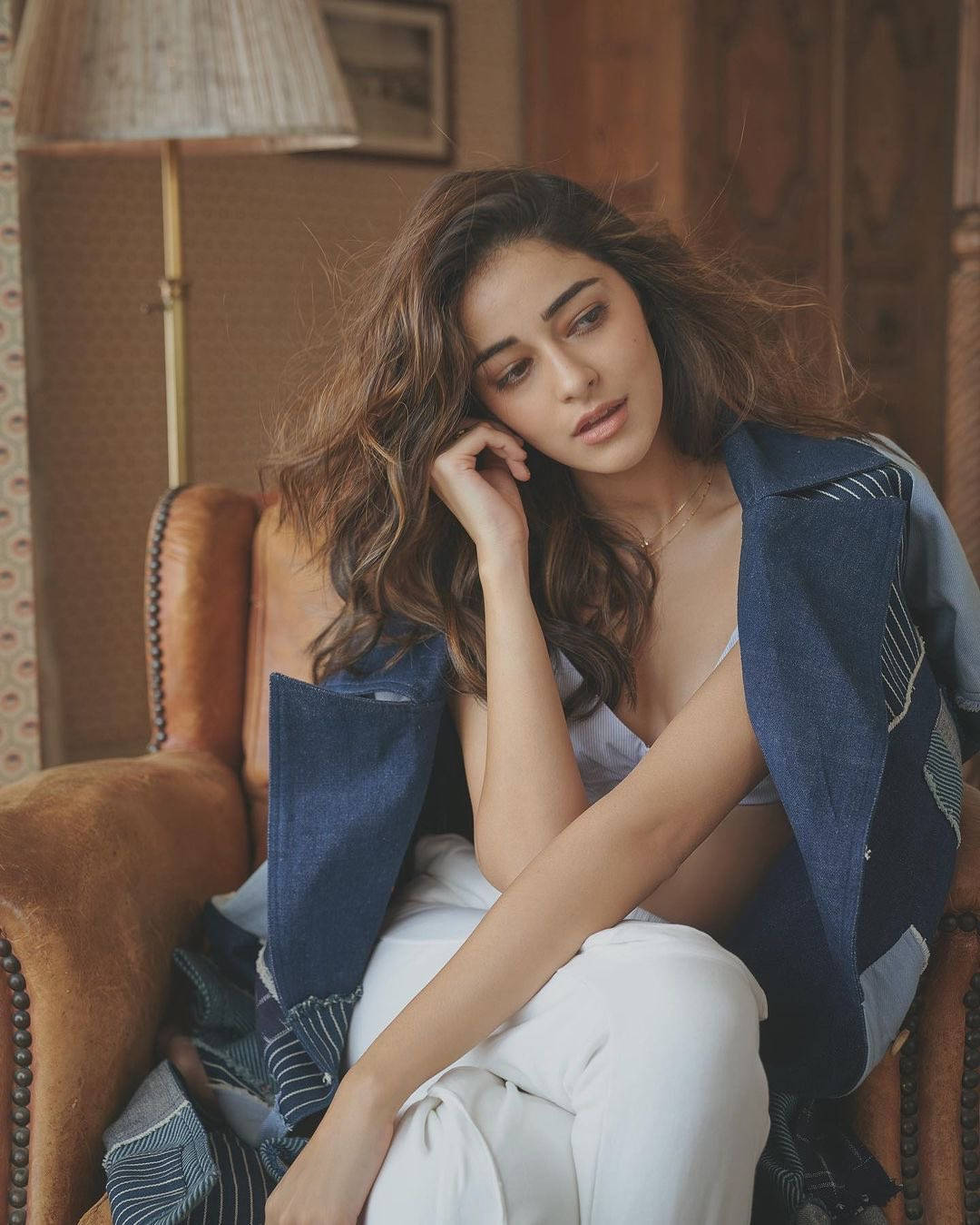 Ananya Pandey, vintage leather armchair, denim vest, HD Phone Wallpaper