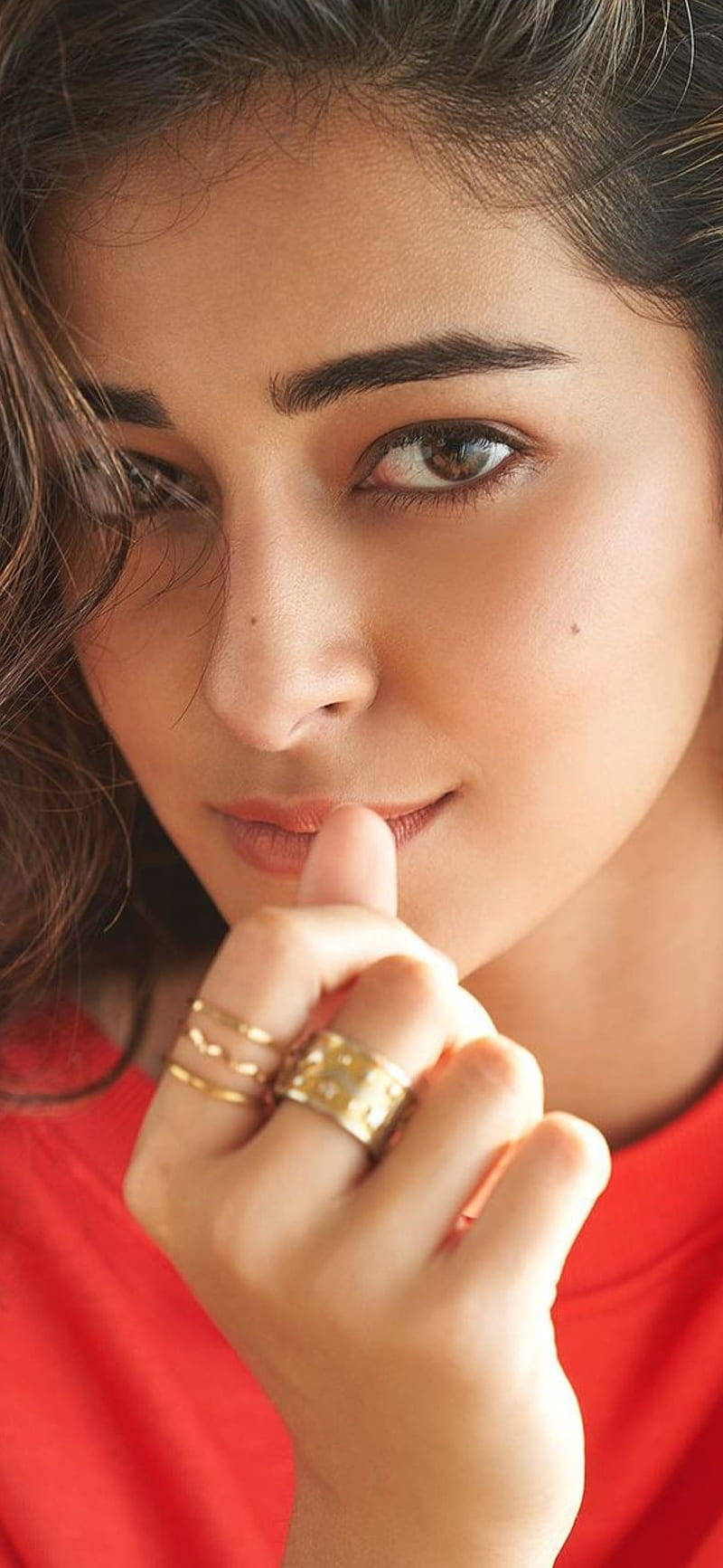 Ananya Pandey, gold rings, red shirt, HD Phone Wallpaper