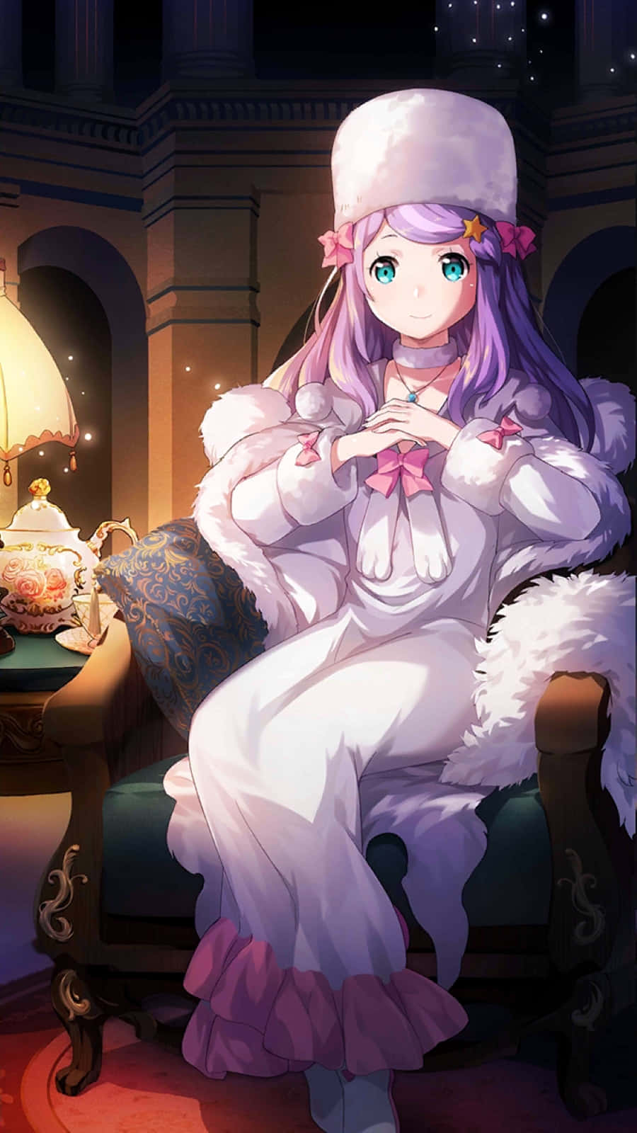 Anastasia Hoshin, fluffy white winter outfit, lamp, HD Phone Wallpaper