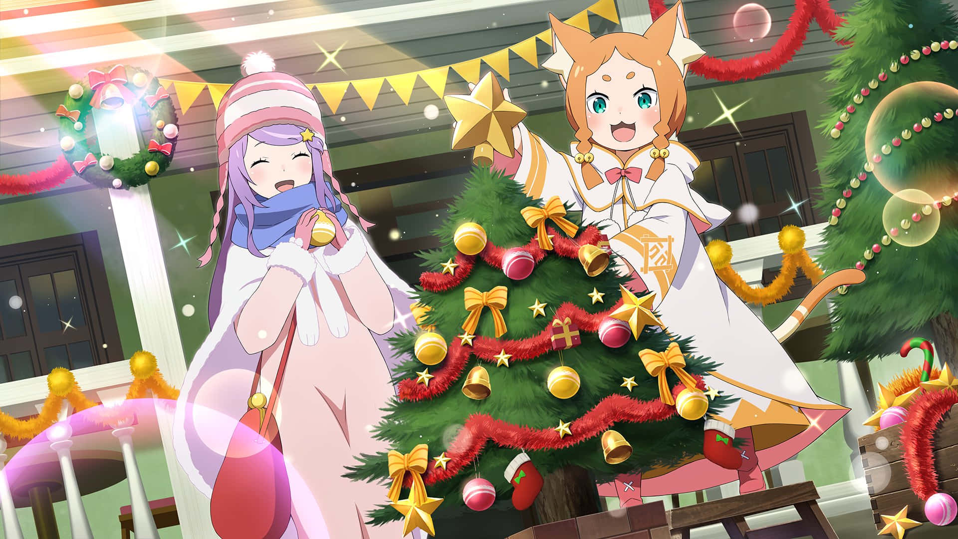 Anastasia Hoshin, Christmas tree, gold ornaments, Full HD Desktop Wallpaper