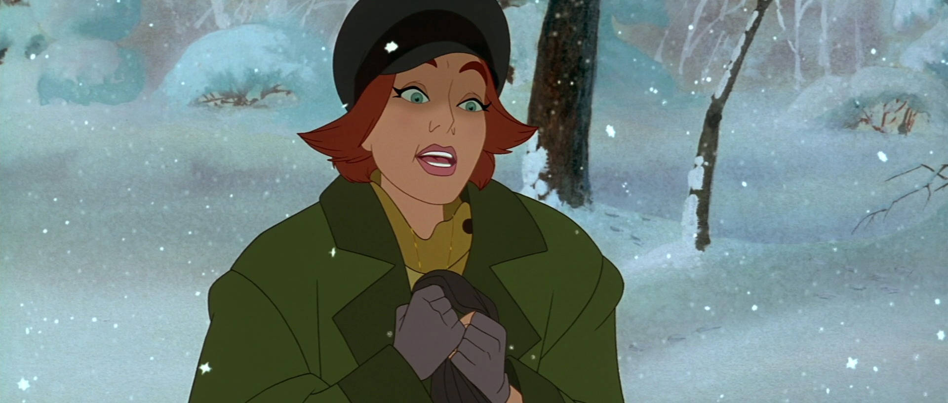 Anastasia, snowy forest, green coat, Full HD Desktop Wallpaper