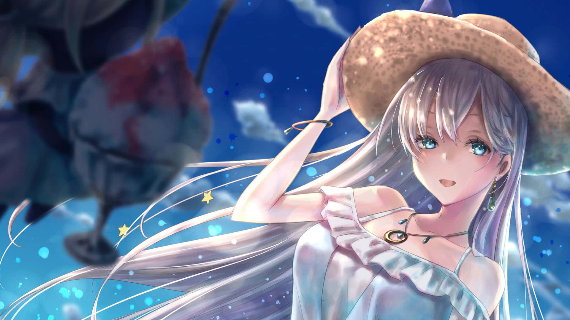 Anastasia Nikolaevna Romanova, silver-haired anime girl, straw hat, Full HD Desktop Wallpaper