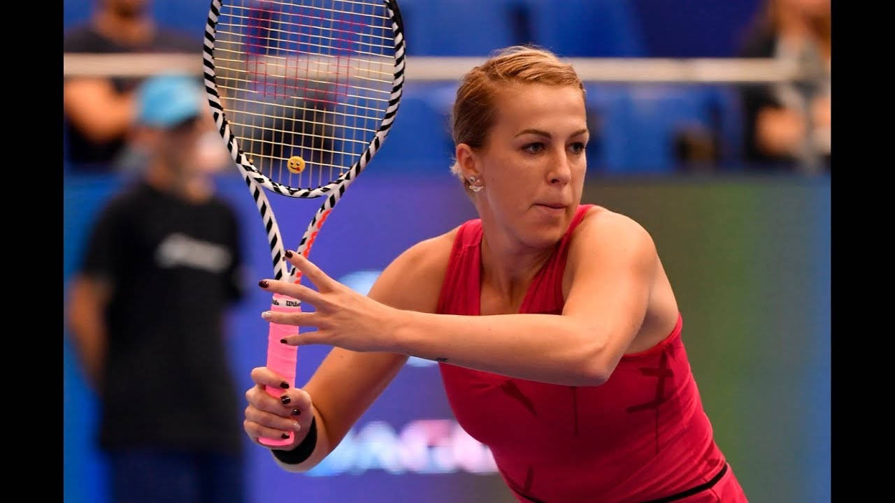 Anastasia Pavlyuchenkova, red dress, blue court, HD Desktop Wallpaper