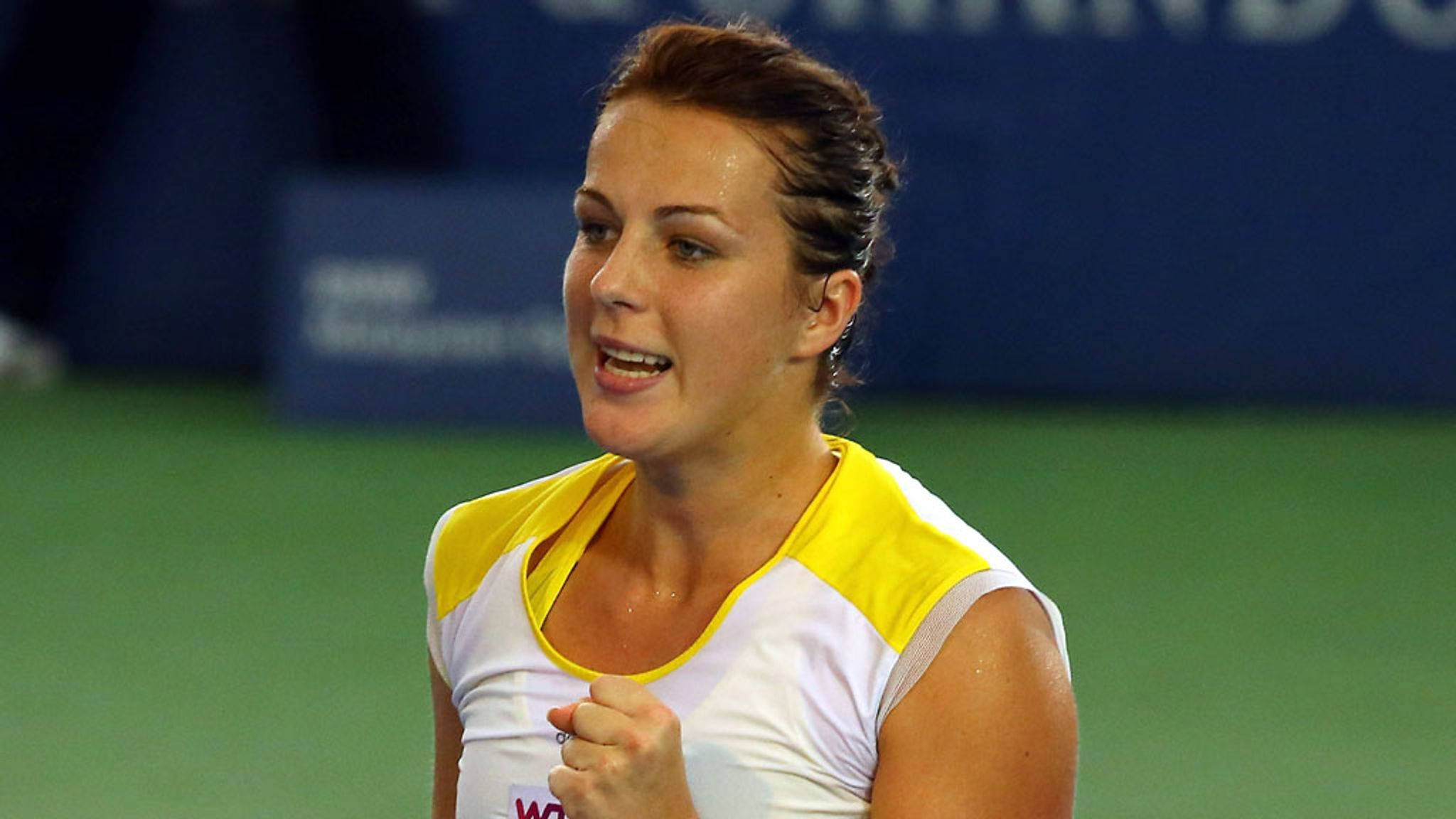 Anastasia Pavlyuchenkova, yellow and white top, green court, Full HD Desktop Wallpaper
