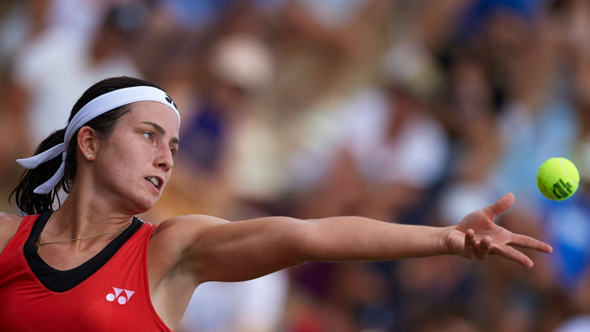 Anastasija Sevastova, red gear, bright yellow ball, Full HD Desktop Wallpaper