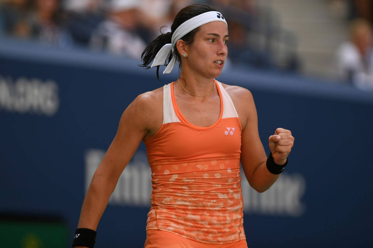 Anastasija Sevastova, orange outfit, blue court, HD Desktop Wallpaper