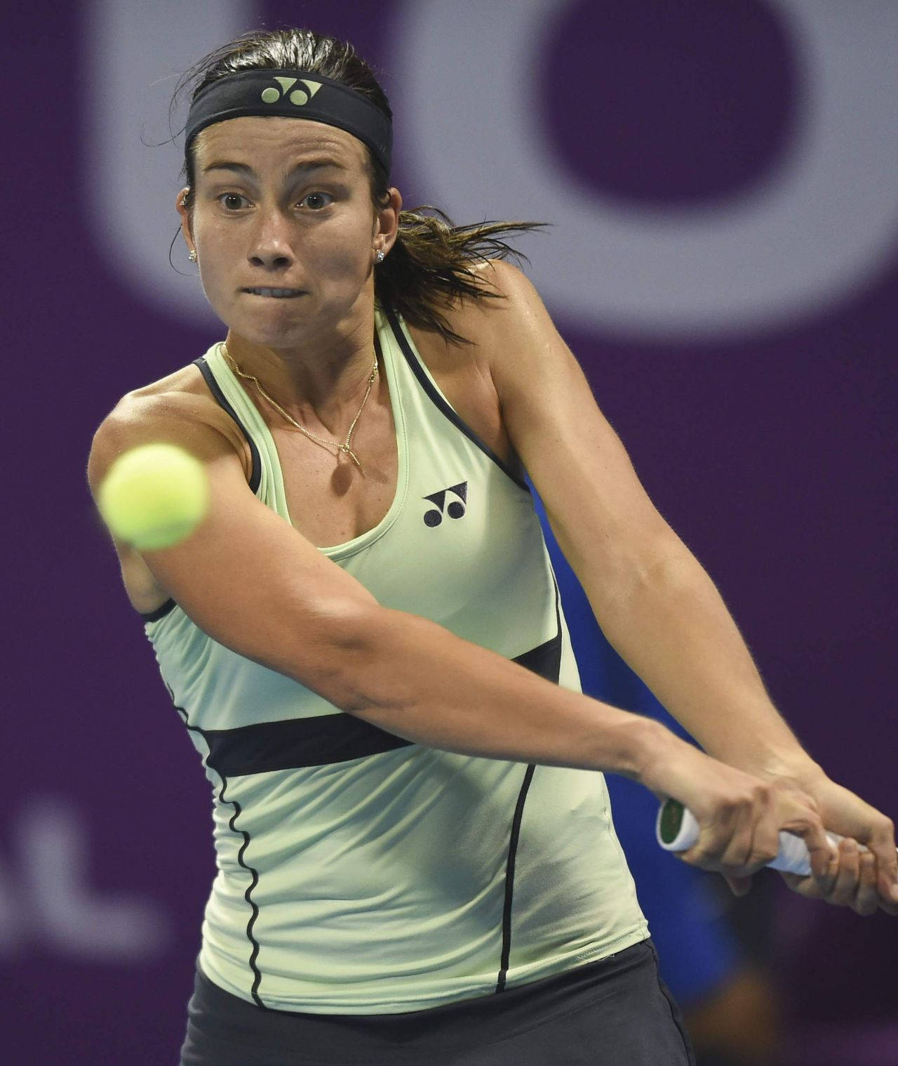 Anastasija Sevastova, bright yellow ball, purple stadium lights, HD Phone Wallpaper