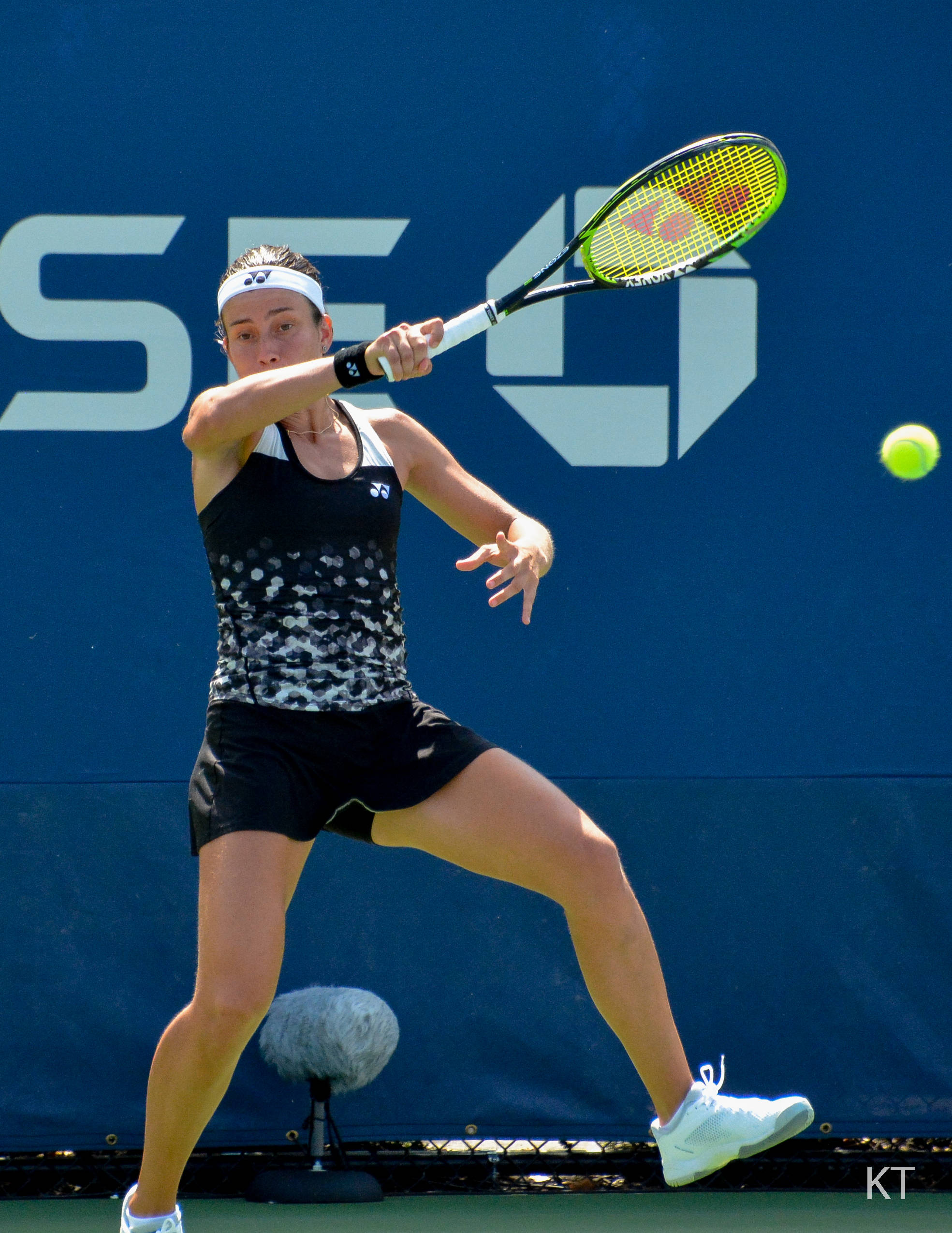 Anastasija Sevastova, black athletic gear, bright yellow ball, Full HD Phone Wallpaper