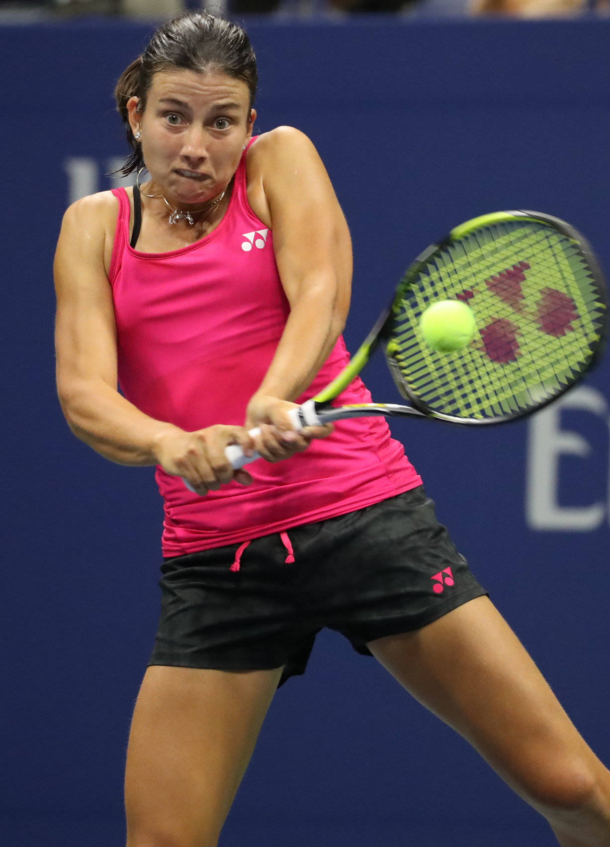 Anastasija Sevastova, pink tank top, bright yellow tennis ball, HD Phone Wallpaper