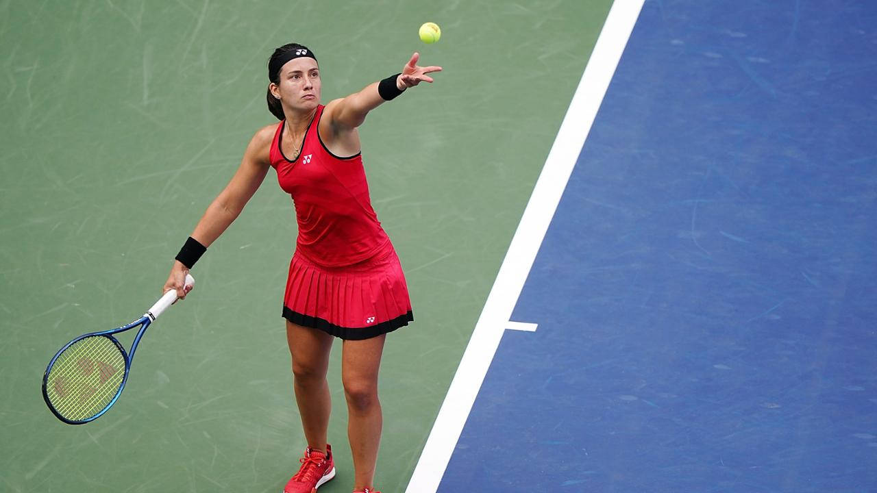 Anastasija Sevastova, red outfit, yellow ball, HD Desktop Wallpaper