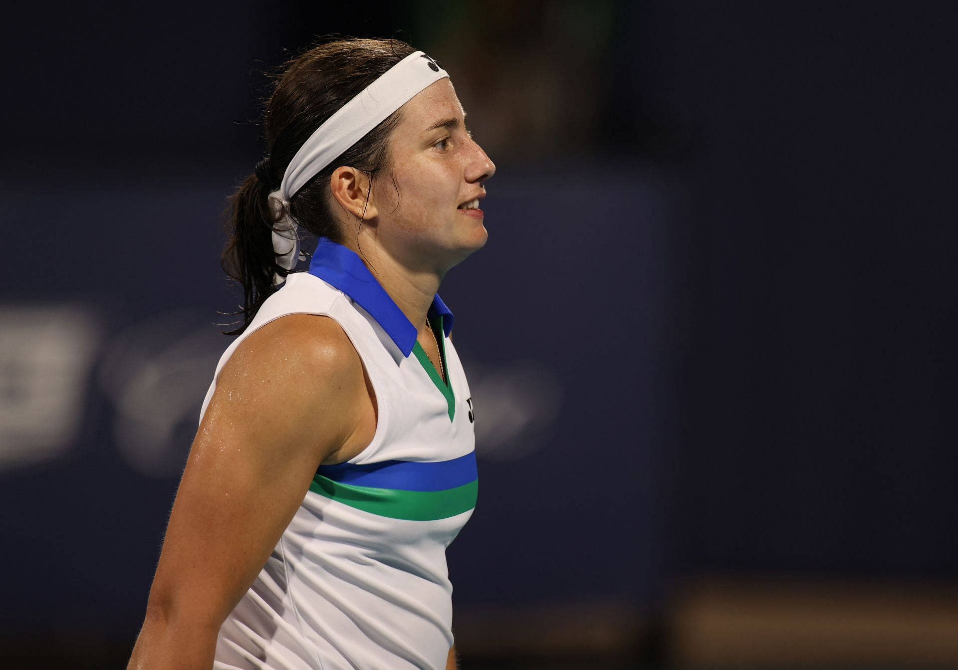 Anastasija Sevastova, white blue and green outfit, headband, Full HD Desktop Wallpaper