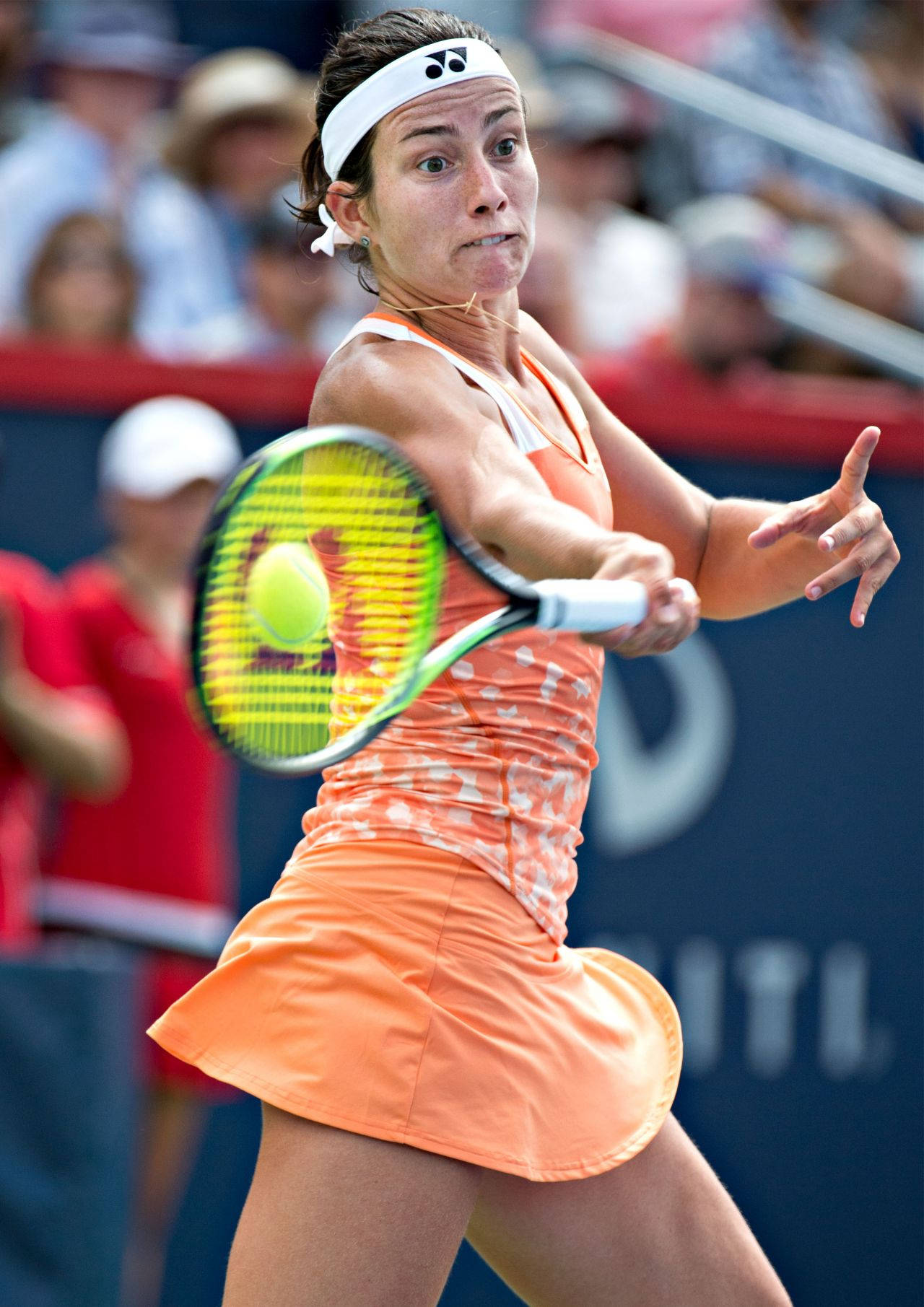 Anastasija Sevastova, orange outfit, bright yellow ball, HD Phone Wallpaper