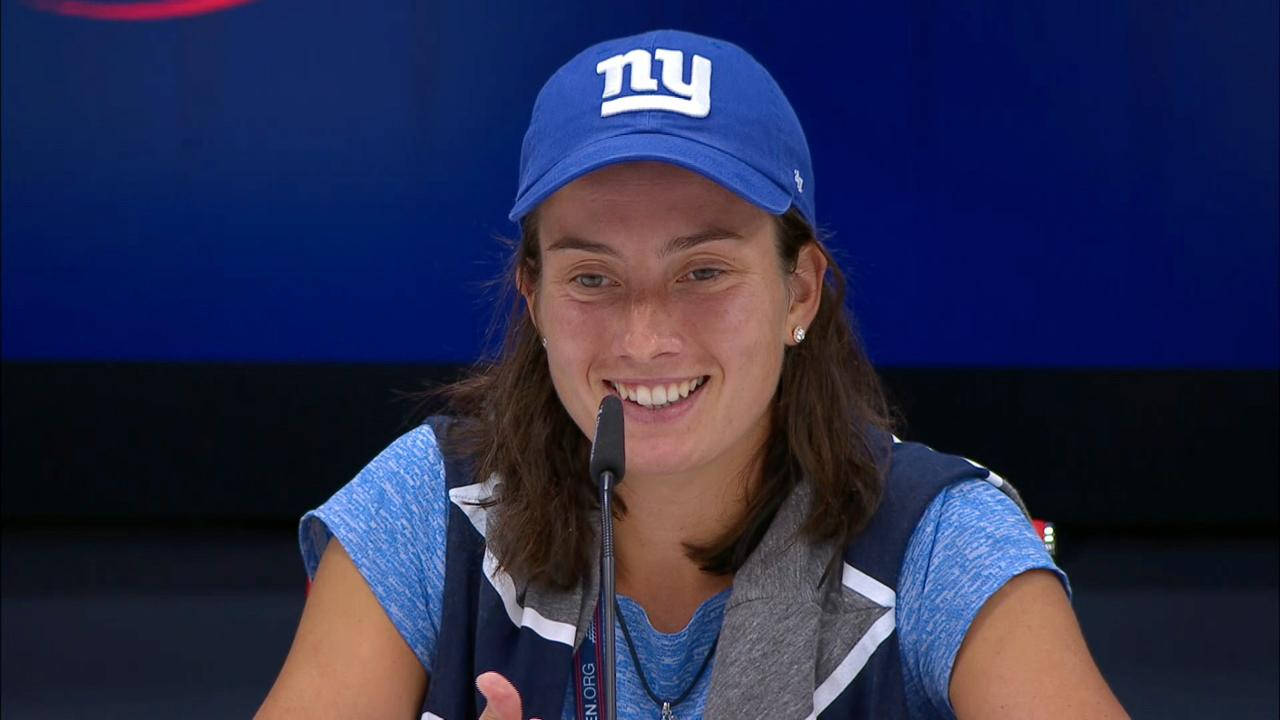 Anastasija Sevastova, blue ny cap, microphone, HD Desktop Wallpaper