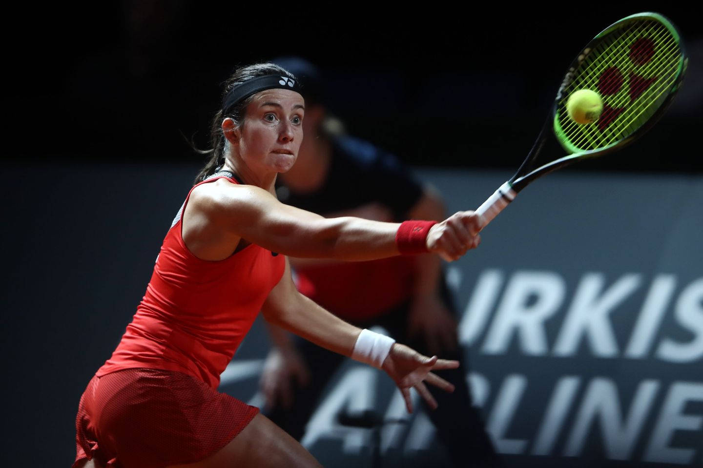 Anastasija Sevastova, red outfit, yellow ball, HD Desktop Wallpaper