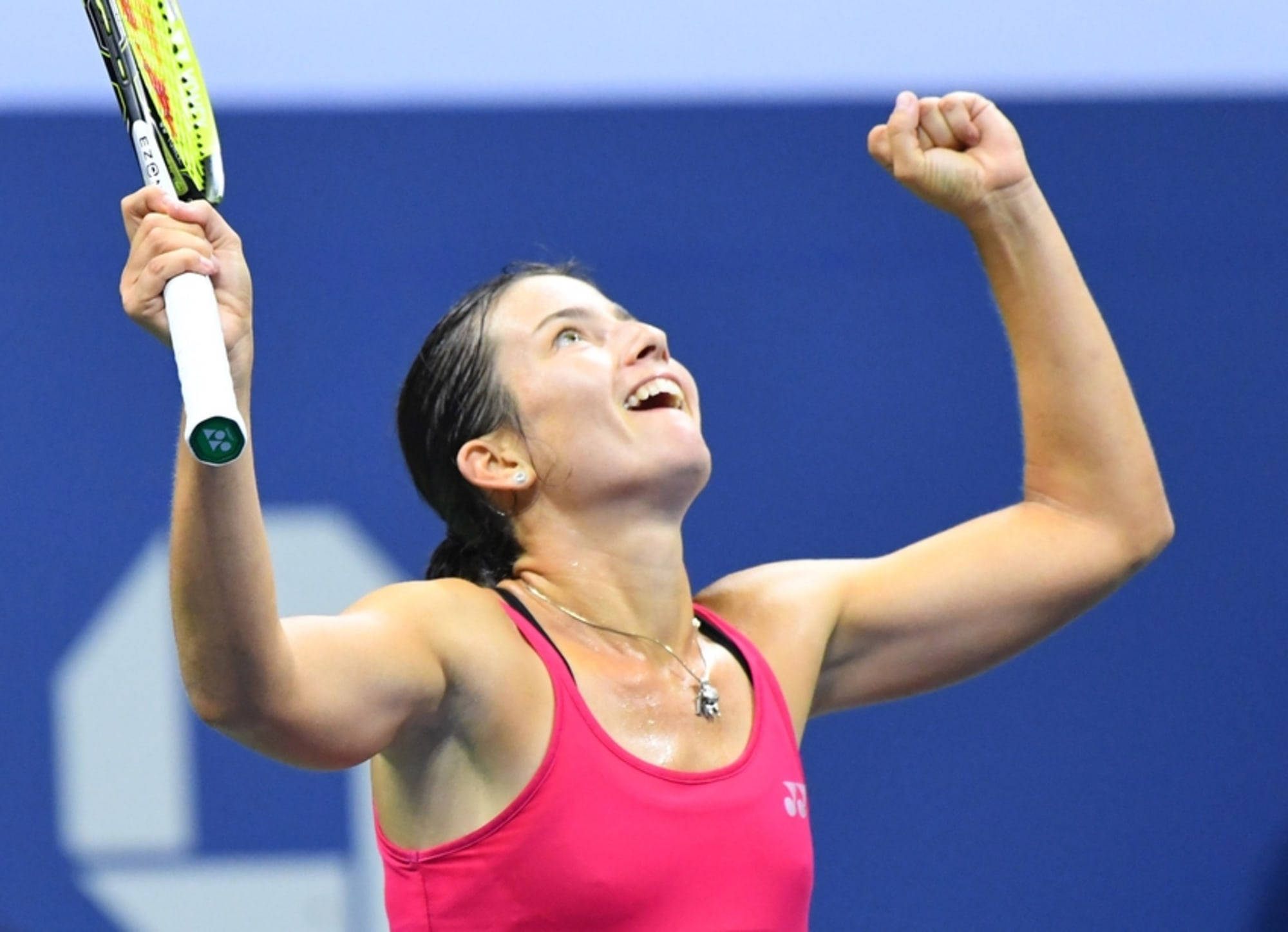 Anastasija Sevastova, pink top, blue court, Full HD Desktop Wallpaper
