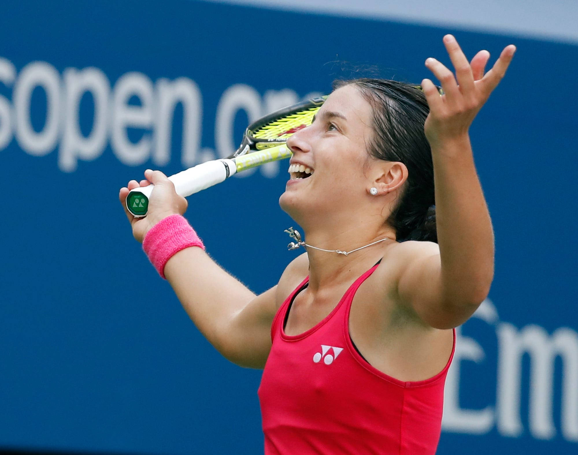 Anastasija Sevastova, red top, blue court, Full HD Desktop Wallpaper