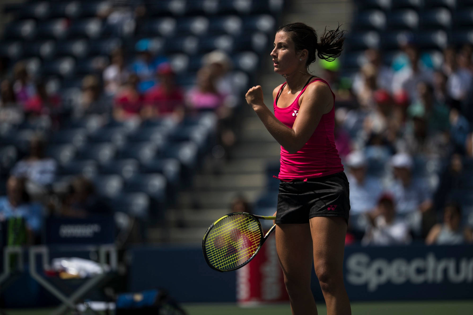 Anastasija Sevastova, pink top, sunlit court, Full HD Desktop Wallpaper