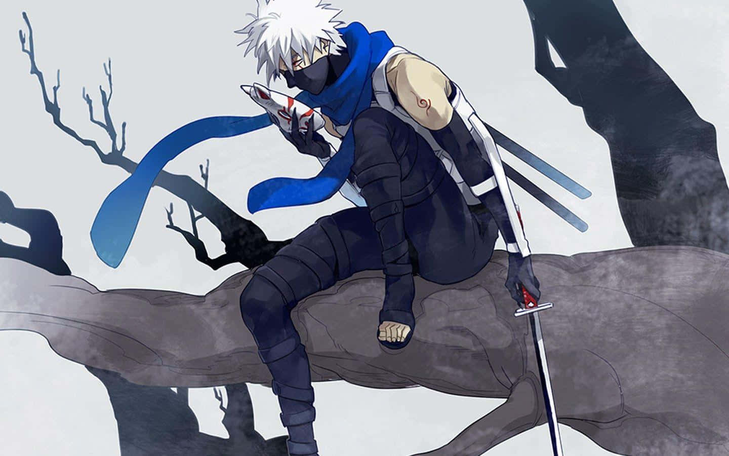 Anbu Black Ops, white-haired masked ninja, blue scarf, HD Desktop Wallpaper