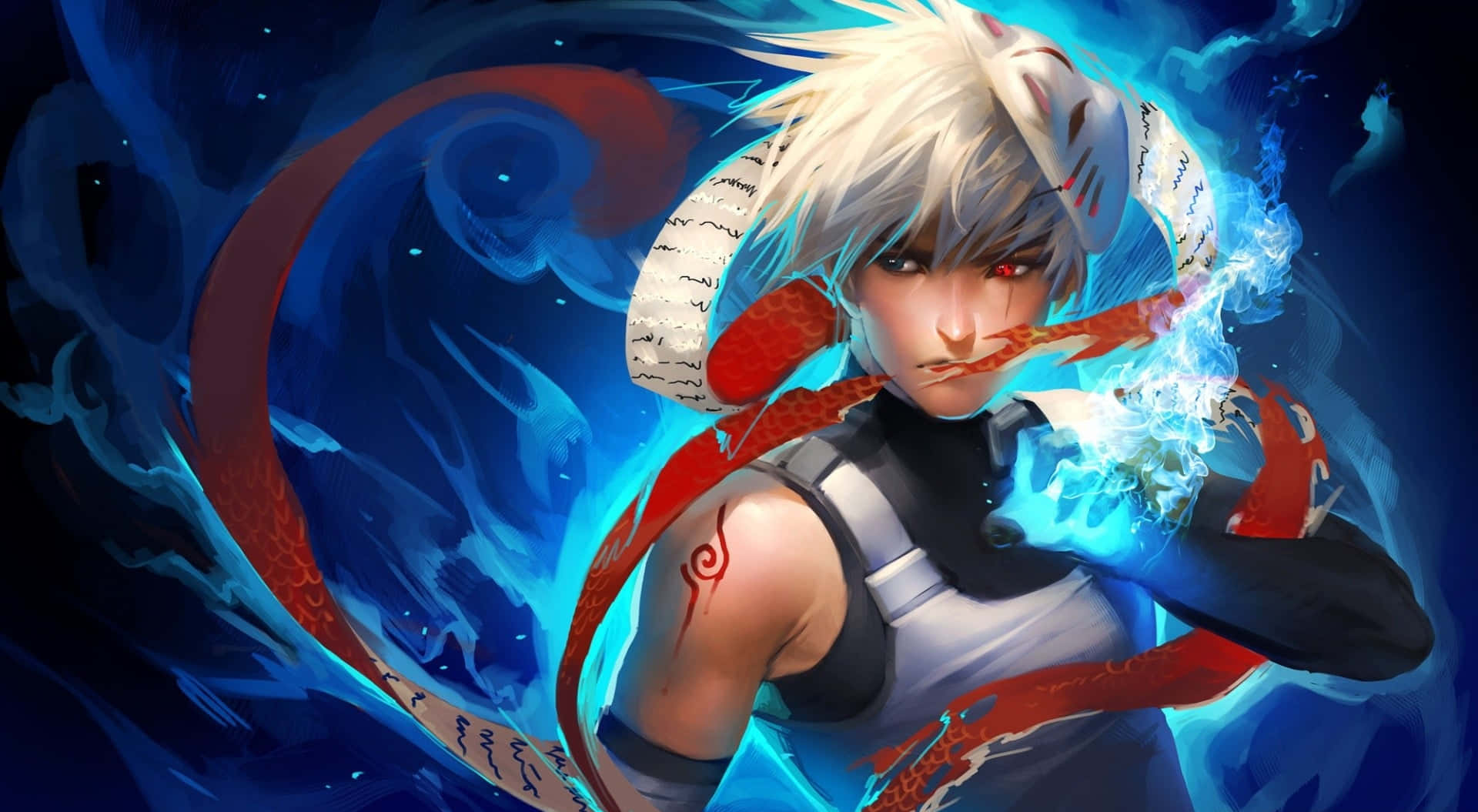 Anbu Black Ops, white hair, red eyes, Full HD Desktop Wallpaper