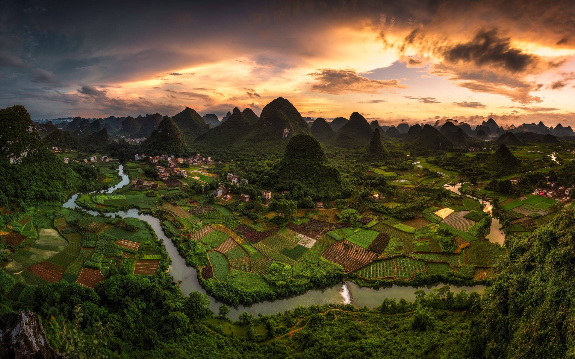 winding river, lush green rice paddies, karst mountains, Full HD Desktop Wallpaper