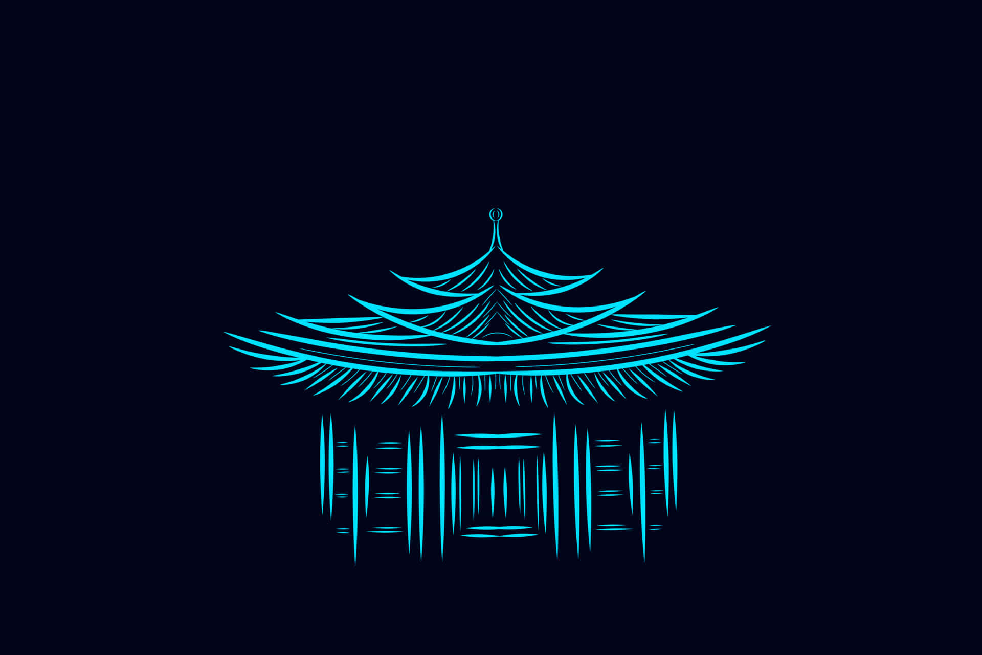 blue chinese pagoda, glowing cyan line-art, deep navy background, Full HD Desktop Wallpaper