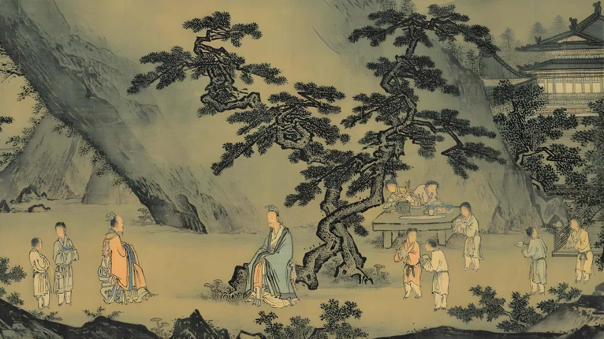 ancient Chinese ink wash painting, scholars, children, Full HD Desktop Wallpaper
