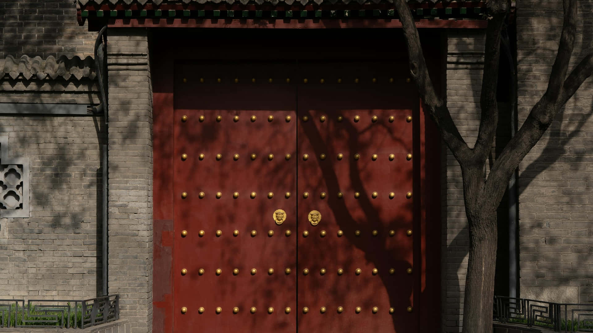 Ancient Chinese, red wooden door, golden studs, Full HD Desktop Wallpaper