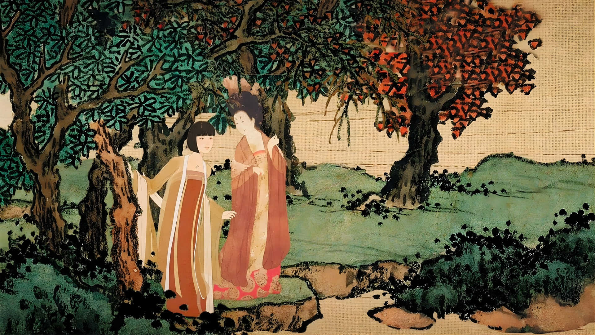 Ancient Chinese Garden Scene, traditional robes, tree with green and red leaves, Full HD Desktop Wallpaper