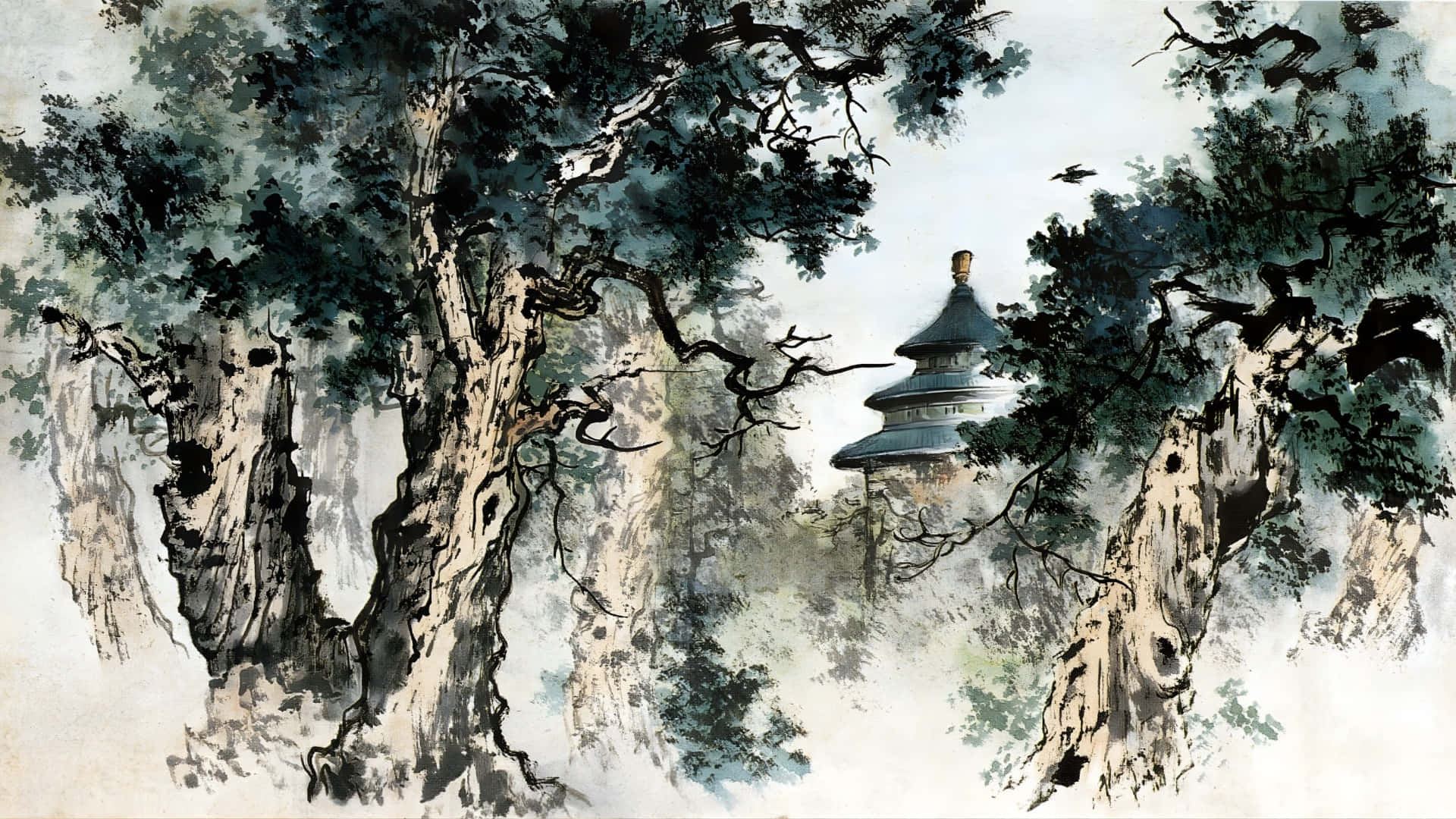 ancient trees, temple, misty view, Full HD Desktop Wallpaper
