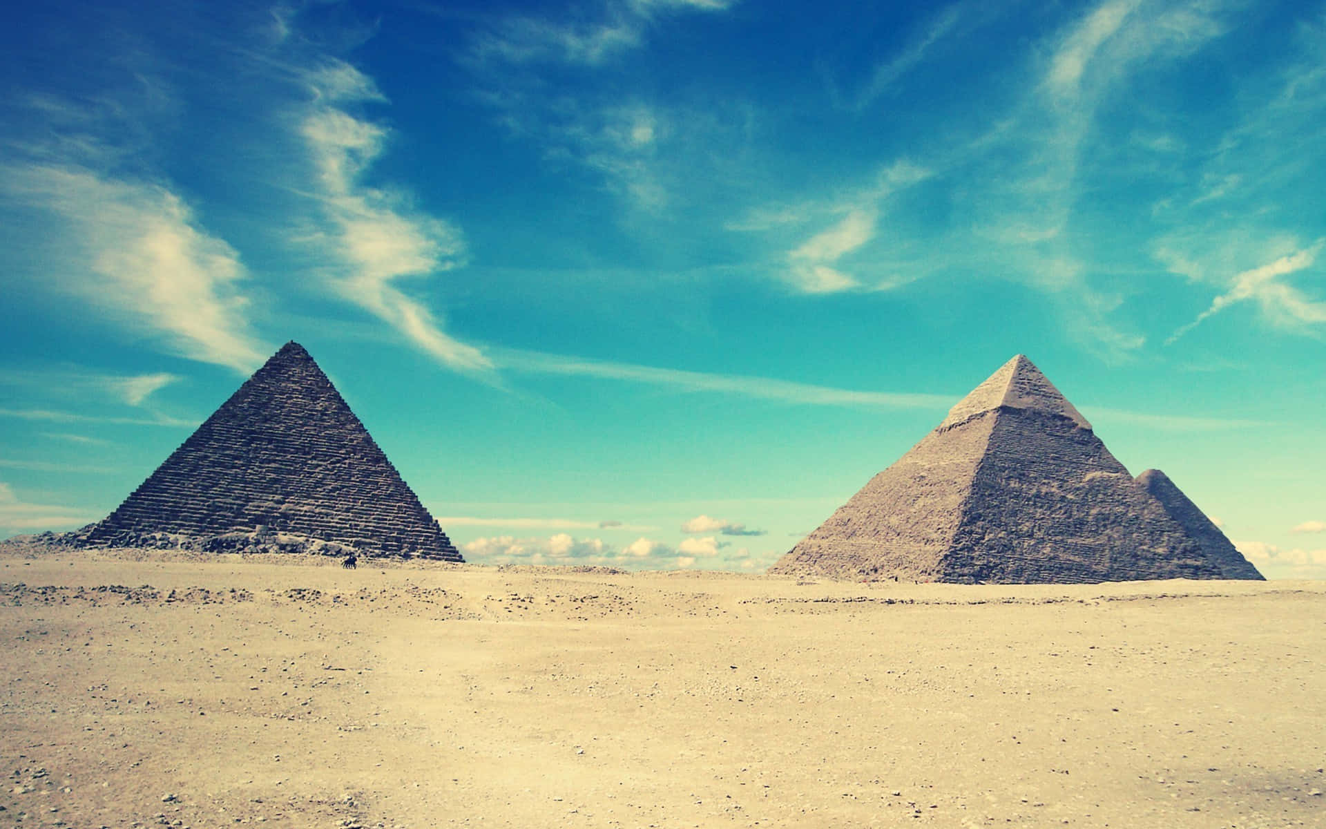 three pyramids, golden desert sands, vibrant blue sky, Full HD Desktop Wallpaper