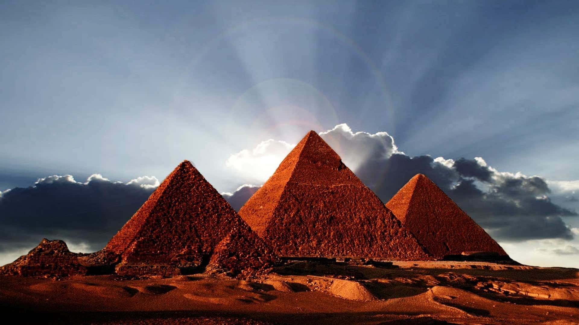 three pyramids, golden desert sands, dramatic sky, Full HD Desktop Wallpaper