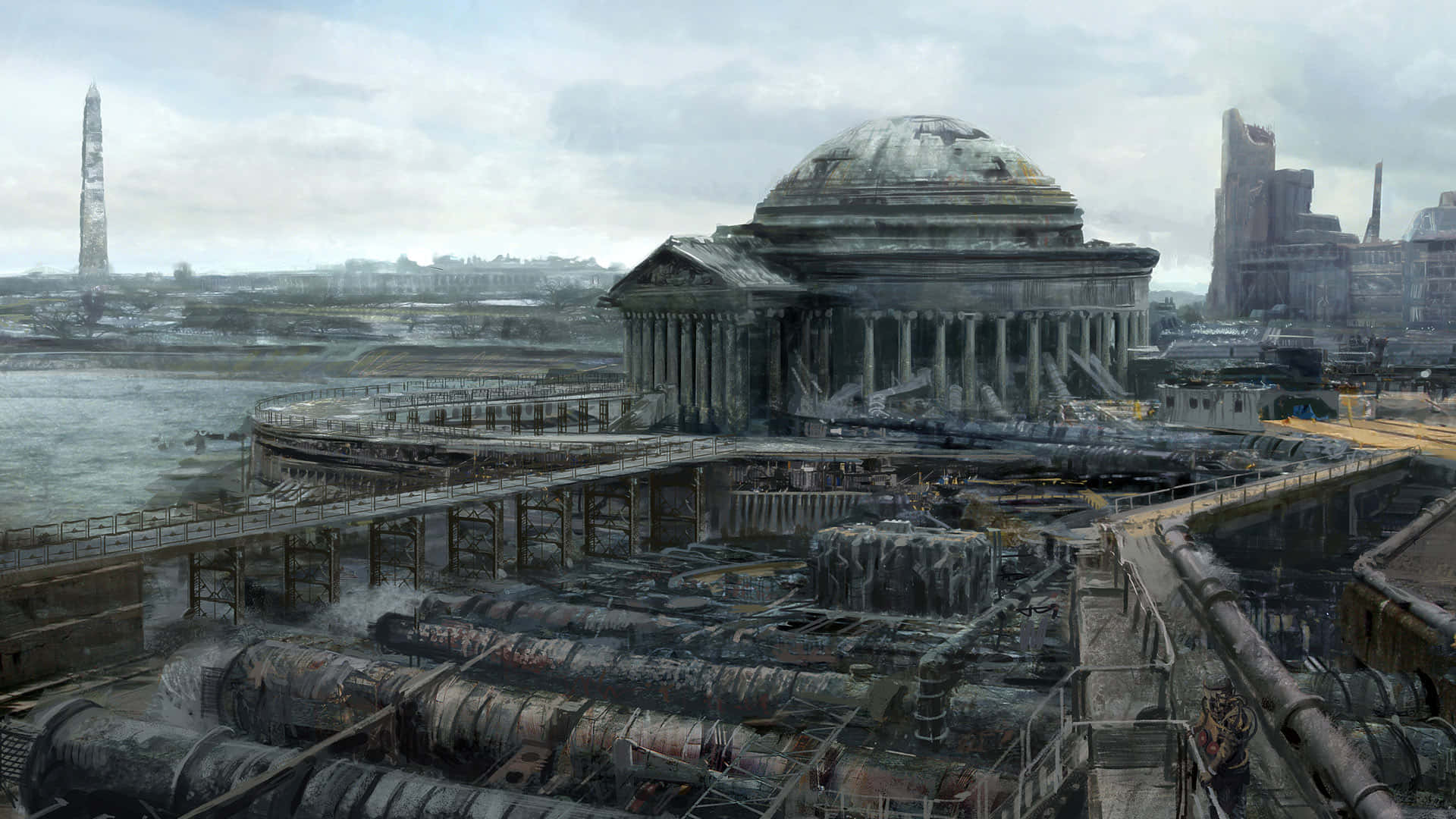 Ancient Roman Desktop, large dome, decaying industrial cityscape, Full HD Desktop Wallpaper